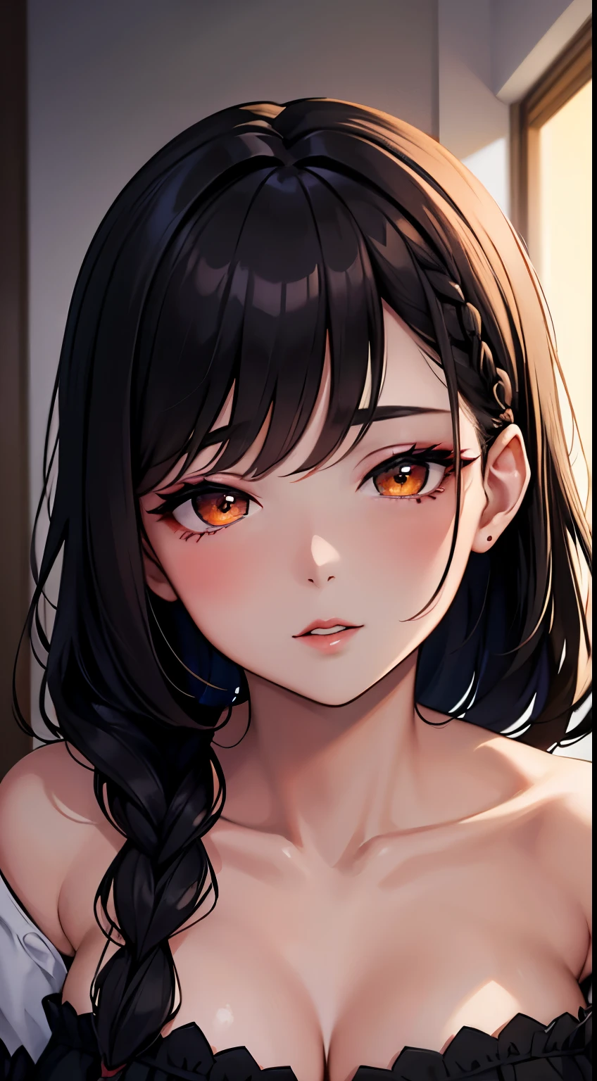 Amazing portrait of a woman who is 30 years old and an adult and a sexy woman in a bedroom with a beautiful detailed face emphasised by some amazing makeup wearing an orange maxi dress with floral patterns and a square neckline that emphasizes her medium chest and slightly puffy short sleeves with a lustful expression heightened by her seductive eyes with smokey eyeliner with her black hair in a long braid as she tilts her head to the side and exposes her delicate neck during night time with soft lighting showcasing her red lips and her beautiful face in detail and close up