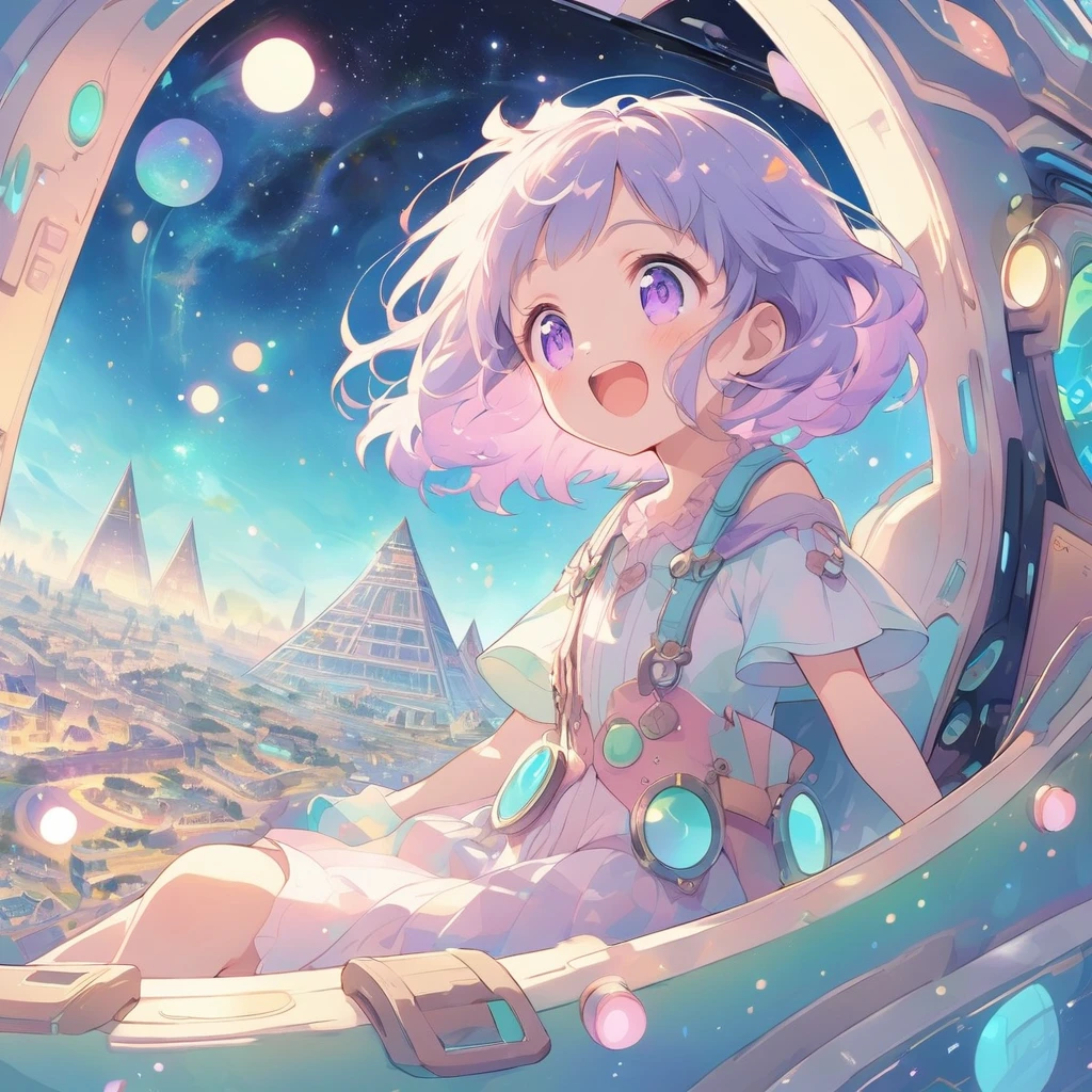 A young girl riding in a whimsical, futuristic time machine, depicted in a pastel-colored, anime style. The time machine is smooth and rounded, with glowing soft lights and a slightly fantasy-inspired design, floating through a starry night sky. The girl has a curious and excited expression, her short hair fluttering as she leans out of the cockpit. The background is filled with soft pastel hues, with faint outlines of ancient castles, pyramids, and futuristic cities visible in the distance. The overall tone is light and dreamy, with soft pinks, blues, and purples blending together to create a sense of wonder and adventure, emphasizing the magical feeling of traveling through time.