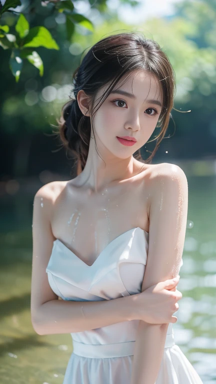 topless swimsuit, show body, nude, tent camping, inside water, raining, wet body, lakeside, beautiful trees, beautiful warm sunlight, extremely detailed eyes, extremely detailed face, best quality, extremely detailed, one person, one girl, ultra-detailed, (realistic, photo-realistic:1.3)