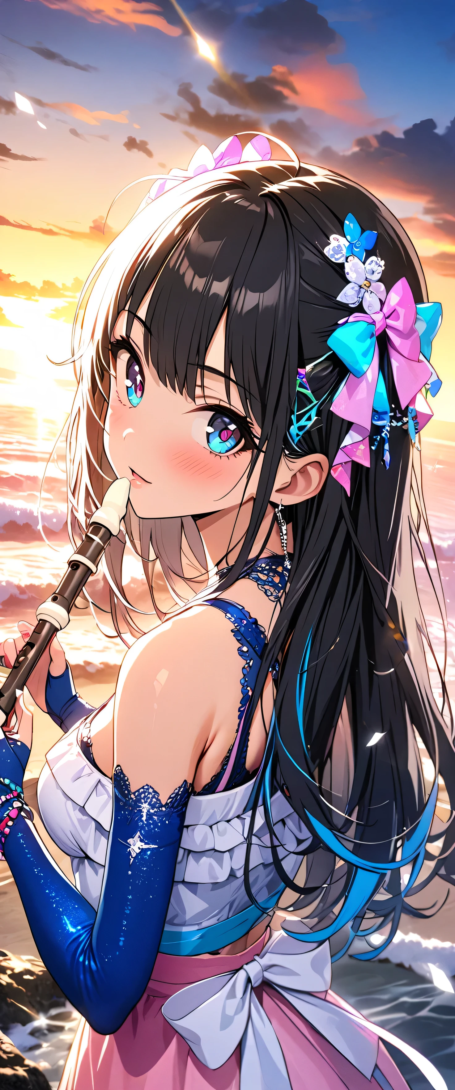 (beautiful girl: 1.3),One girl,masterpiece, Please redeem, Ultra-high resolution,Rich contrast,super high quality,8k,High-definition CG unit wallpaper,Texture,Very absurd,Ultra-high resolution,RAW Photos,Please redeem anime,Depth of written boundary 1.2,(Black Hair,two side up),Very detailed eyes,Glowing Skin,Glitter Effect,Beautiful glossy lips,Schoolyard,sunset,rainbow,recorder,A girl who looks about ,(magnificent panorama view:1.3), (from behind:1.5),(Gazing-into-the-Distance:1.3)