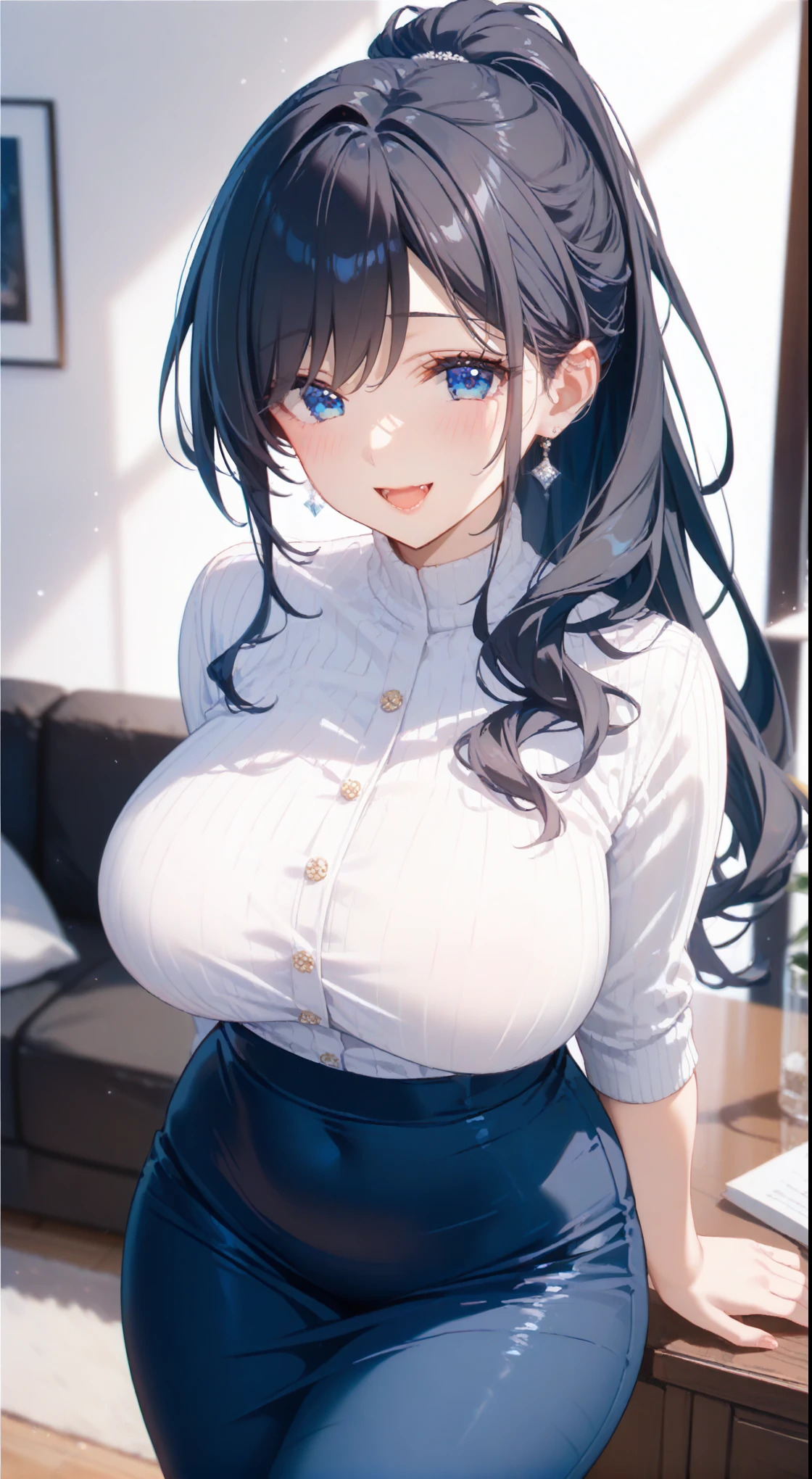 Hentai、High resolution、A smile of shame、A sense of guilt、A widow with huge breasts spreads her legs in a neat apartment、Wearing an off-the-shoulder sweater、Zundamon、Perfect proportions、Cowboy Shot、Saggy super huge 、Fatty legs、Exposing shaved pussy、Clear eyes