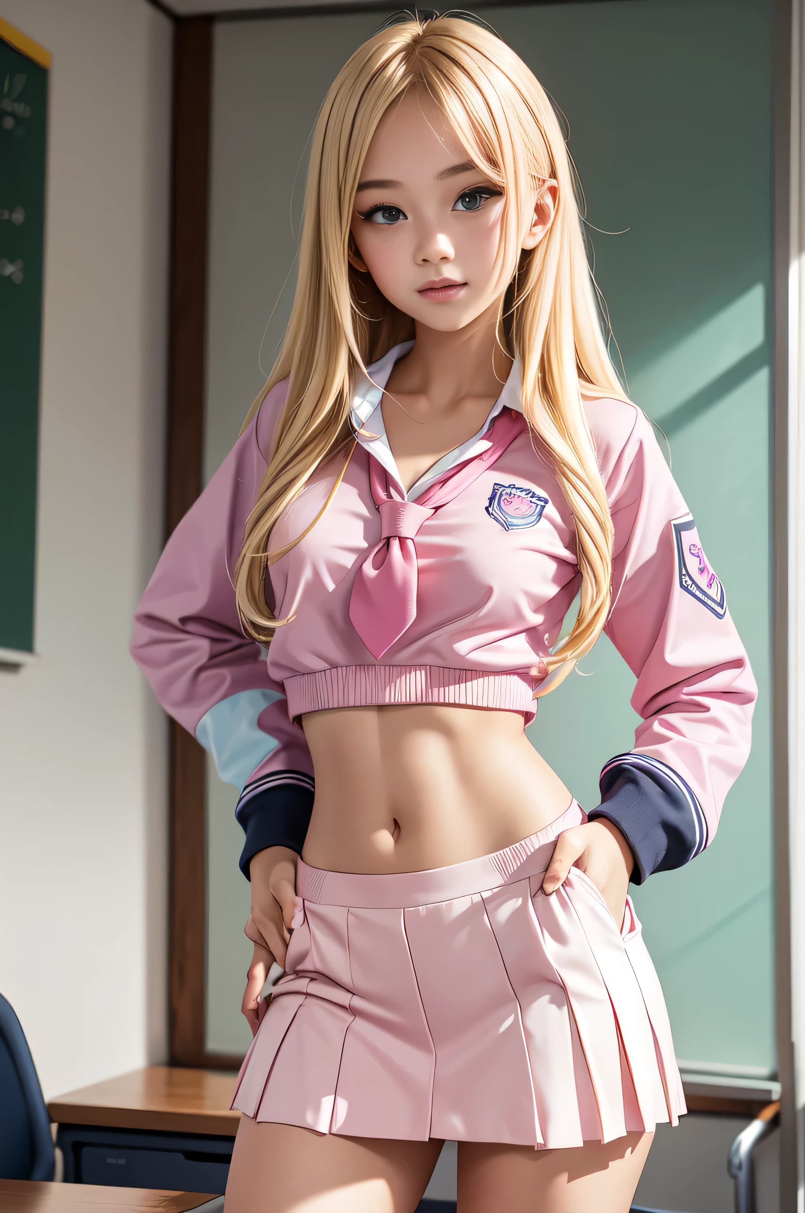 Cute blonde girl wearing revealing pink high-school uniform in classroom, sexy, petite, popular girl,