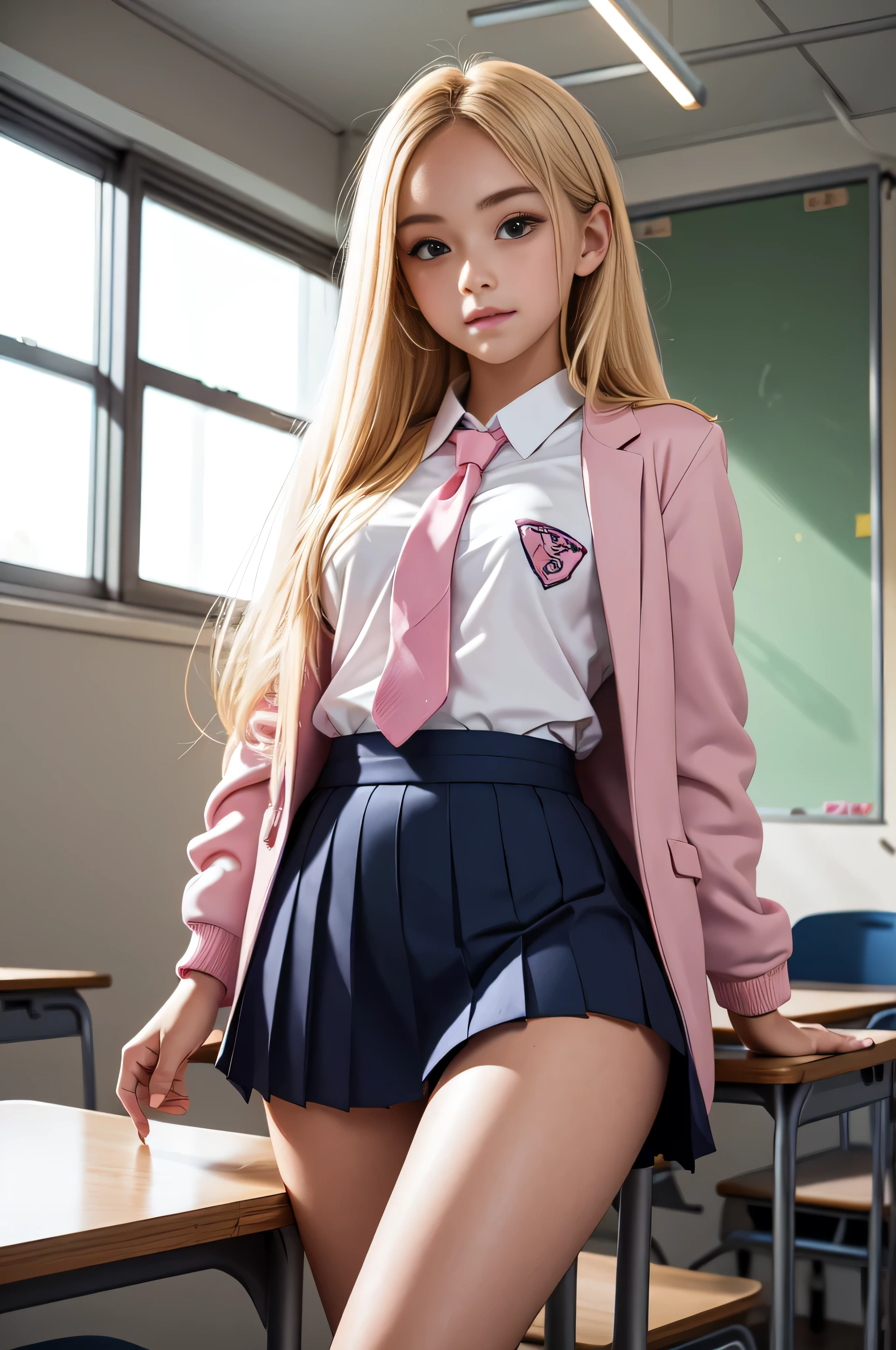 Cute teen blonde girl wearing revealing pink high-school uniform in classroom, sexy, petite, popular girl,