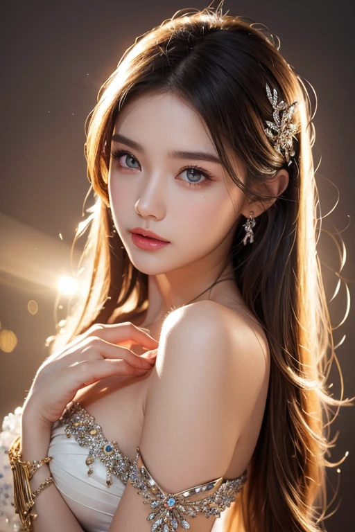 High quality work，Realistic work，Super premium graphics，ผลงาน CG 8K HD，High quality graphics，High-resolution and beautiful CG artwork，，Delicate details：1.1，Advanced technical details：1.Realistic photo effects 1，Light effectsภายใน：1.5，Soft natural light：1.5. Light effects（Light effectsเสมือนจริง：1.8），Ultra high resolution，Glittering dress，Long, flowing hair，silber hair，I am transparent，Highly detailed hair（Quality Hair Details：1.1）Clear eyes，Beautiful eyes look good.，Make your eyes look sharp, Create beautiful eye makeup, Thin eyebrows, Eyes with superb detail，High nose, Cute red lips, Pink cheeks, With detailed make-up , pretty face, Perfect facial proportions,（Advanced facial details：1.1）Girls, be happy, My hair is very long., Pointed eyes, Glossy lips, Rainbow Crystal Set, Rainbow dress, Colorful crystals, Reflection on crystal, Light diffuser set, Attractive pose, Capture the whole body,，Women&#39;s Art，Full dress up video，Realism，Amazing cleavage，My eyes are so bright.
