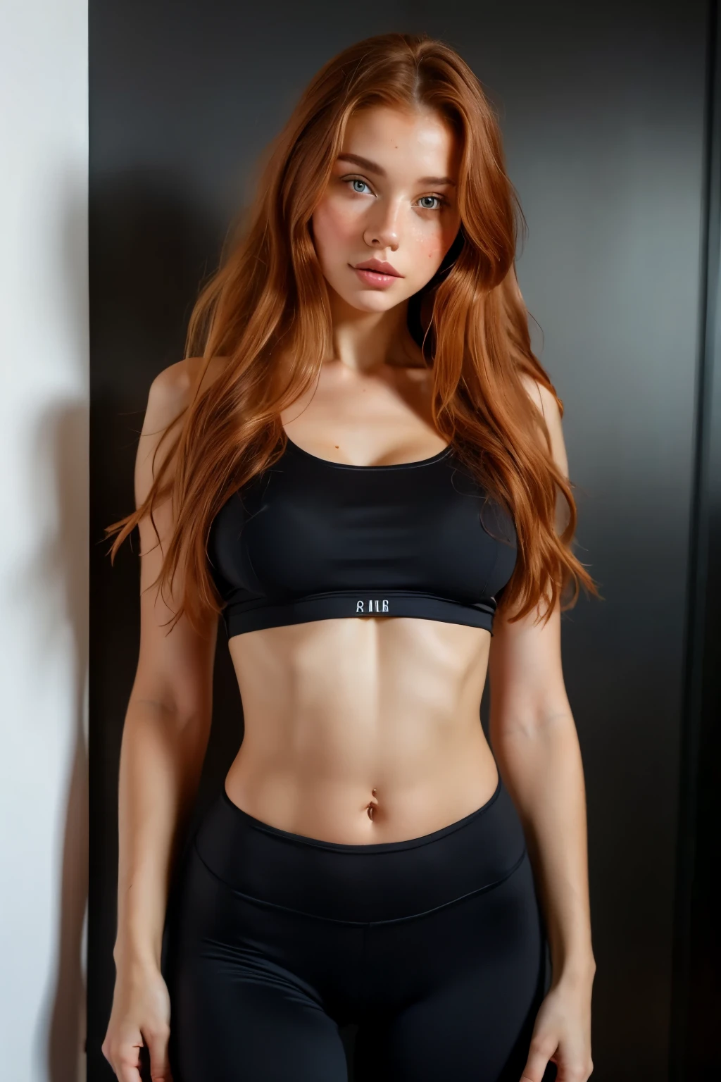 ((best quality)), ((masterpiece)), (detailed), perfect face realistic photo of beautiful woman with long ginger hair, Russian, influencer, light freckles, dark brown eyes, big lips, no makeup, insagram, standing next to black wall, yoga outfit