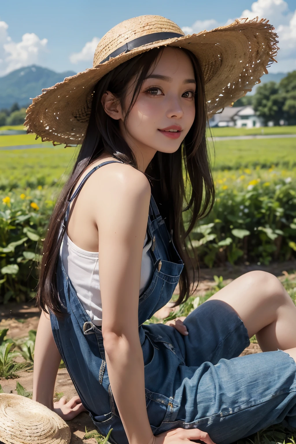 A girl wearing a straw hat eating a cucumber under the summer sky. The anime-style illustration should capture the essence of a sunny day, with vibrant colors and a warm atmosphere. The girl should have a cheerful expression, radiating joy and contentment. The illustration should showcase intricate details, from the strands of hair gently swaying in the breeze to the delicate folds of the straw hat. The lighting should come from the front, casting a soft glow on the girl's face and emphasizing her features. The overall composition should be full-length, showing the girl's full body in a natural and relaxed pose. Please create this image with a resolution of 8K, ensuring sharp focus and highly detailed rendering.  --ar 2:3  --v 5.1