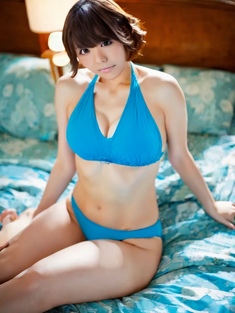 japanese high schoolars old,(Full Bcowgirl position)), ((Spread legs)),on bed,Young face,big breast,Swimwear,Leather Bikini,short hair