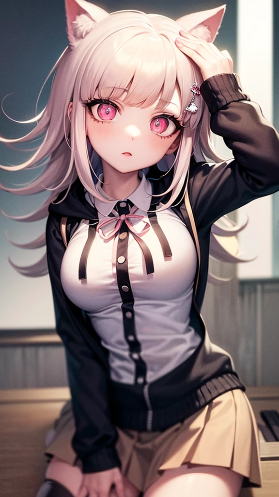 One girl, Alone,(in danganronpa styles:1.3),((Nanami Chiaki)),(light brawn hair:1.1), Hair Accessories, Medium Hair, (glowing eyes:1.5),((beautiful detaileyes:1.3)),White shirt,(dark green hoodie:1.1), (cat ear on the hoodie),((green hoodie over head:1.1),Long sleeve,(hand on head)Neck ribbon, Zipper open, open jacket, over-kneehighs, Pink Ribbon, pleated skirt, skirt,(8k wallpaper:1.3), (figure:1.5),perfect lighting, Extremely detailed CG, (Perfect hands, Perfect Anatomy), (masterpiece:1.2),(tilt head:1.3),(blurry face),(high detail)