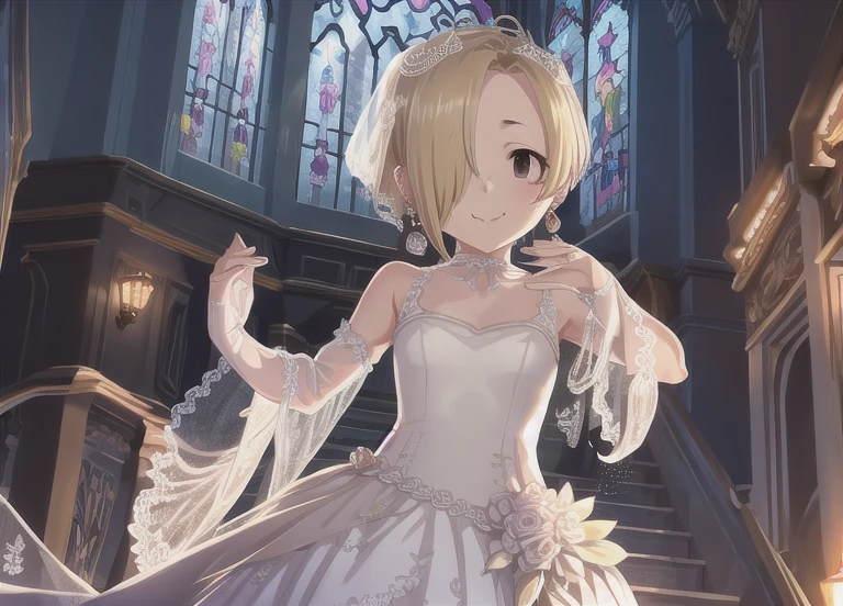 masterpiece, Best Quality, Super detailed, figure, , Shirasaka Koume, One girl, Alone, Watching the audience, , smile, short hair, Blonde, gloves, dress, Brown eyes, jewelry, clavicle, flower, Earrings, Choker, white dress, Hair over the eyes, window, rose, curtain, Veil, bouquet, wedding dress, bridal Veil, cute, church, sunset, Please redeem, Realistic lighting, Particles of light, Complex (high detail:1.1), masterpiece,  Detailed hands