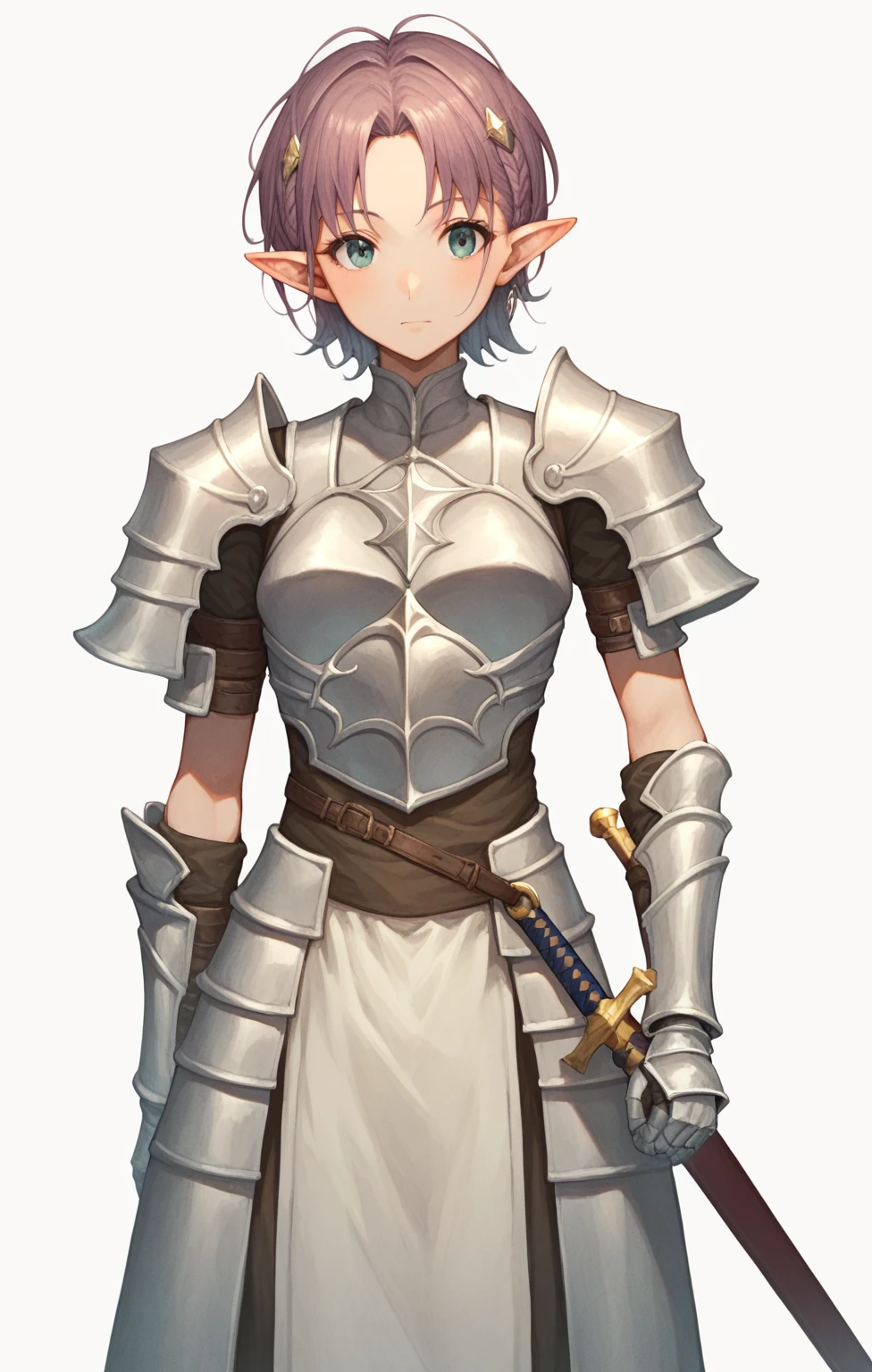 立ち絵,腰から上,this is a drawing depicting a lady wearing a sword, 1girl,armor,solo, pointy ears,short hair, sheath,エルフ,white background