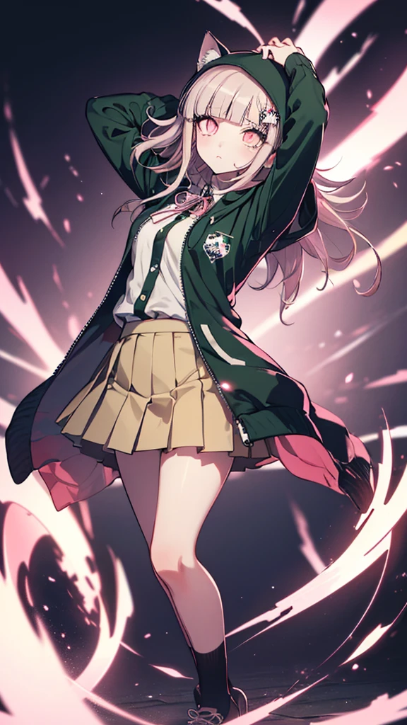 One girl, Alone,(in danganronpa styles:1.3),((Nanami Chiaki)),(light brawn hair:1.1), Hair Accessories, Medium Hair, (glowing eyes:1.5),((beautiful detaileyes:1.3)),White shirt,(dark green hoodie:1.2), (cat ear on the hoodie:1.3),((green hoodie over head:1.2),Long sleeve,(hand on head)Neck ribbon, Zipper open, open jacket, over-kneehighs, Pink Ribbon, pleated skirt, skirt,(8k wallpaper:1.3), (figure:1.5),perfect lighting, Extremely detailed CG, (Perfect hands, Perfect Anatomy), (masterpiece:1.2),(tilt head:1.3),(blurry face),(high detail)