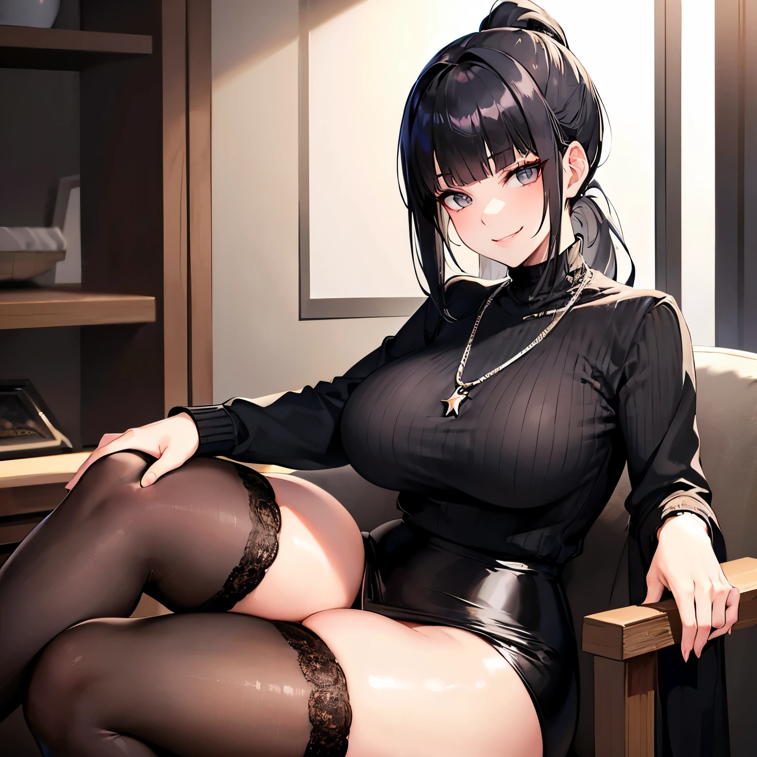 Expressive eyes, (((1 Girl))), ((anime)), (Black Hair, short hair,), (Red eyes), (Half closed eyes), ((Very large breasts)), ((Lateral breast exposure)), ((Side bust))，(Exposed breasts), ((Exposed thighs)),((See-through black long dress))，((Halter neck))，Deep slit, ((High Slit Skirt))， ((Blunt bangs)), ((white, Race)), ((Western-style building)), Captivating smile, Princess Cut, Shiny Hair,，(masterpiece), Anatomically correct art, Very detailed, Advanced Details, high quality, 最high quality, High resolution, 4K, 8K,，(Squat，Spread your legs)Lift your chest with your hands。