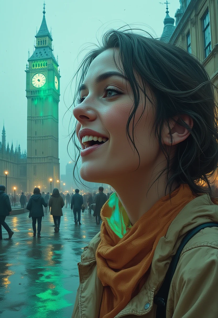 watercolor, wet on wet, paintstreaks, watercolor painting, 
Midjourney-style portrait, close-up of woman with smile, blending rainy pavement, cinematic lighting, double exposure with iconic silhouette of Big Ben, London skyline, visual fusion, futuristic ethereal quality, vivid colors, bold brushstrokes, greenish clock tower glow, contemplation of time, technology, human connection, digital painting, ultra-detailed, high dynamic range.