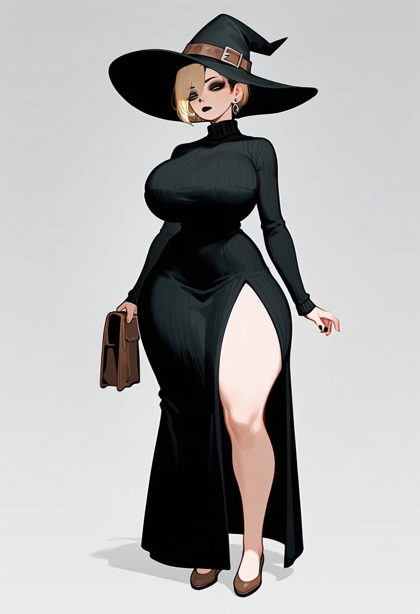 pale woman, short pixie cut blonde hair, some hair on the back of her head, big earring, half lidded eyes, looking straight ahead, black eyeshadow, black lipstick, huge breasts, very busty, wearing a long sleeved black sweater, long black sweater, witch hat, expressionless, wide hips, thick thighs, very long skirt, long black skirt, thick legs, wearing flats shoes, brown footwear, slip on flats,  full body shown, standing, roommate, 8k quality, detailed eyes, beautiful eyesight 