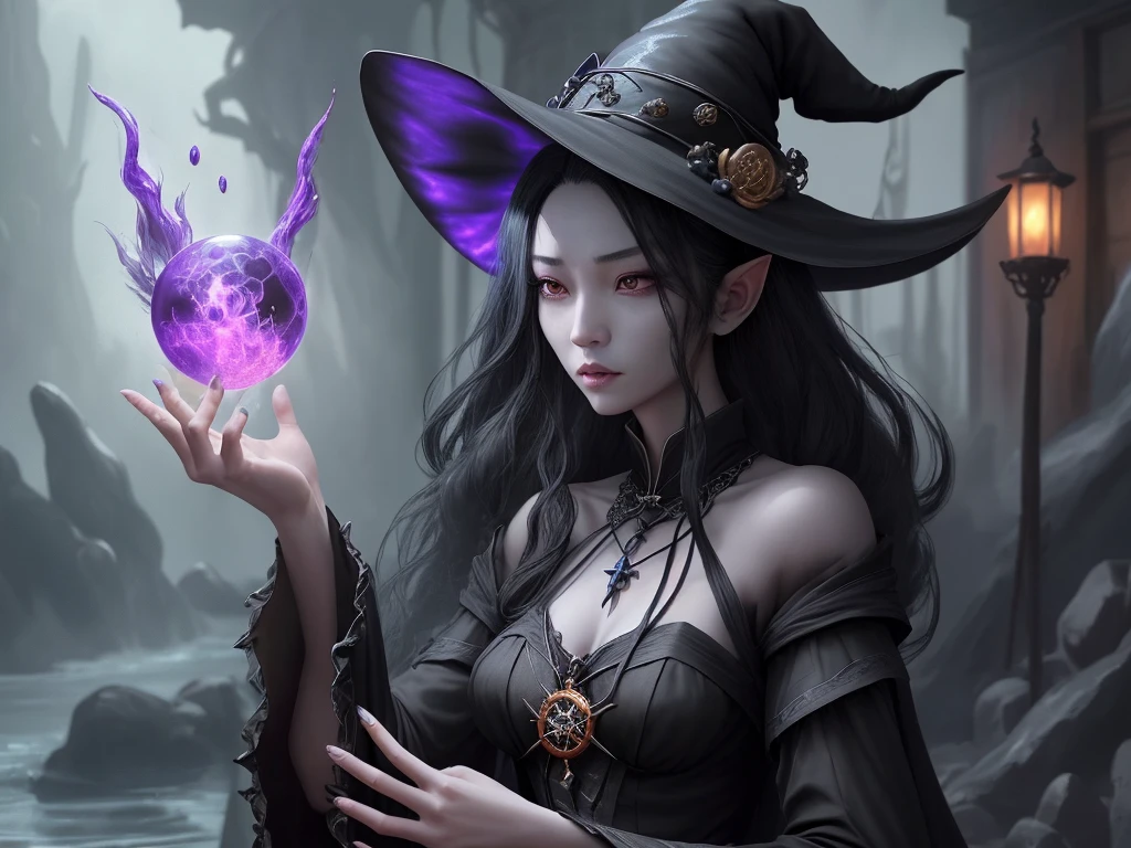 best quality, masterpiece, jp-GG1-800 1girl, Style-GravityMagic, solo, from side, side view, upper body, looking away, detailed background, detailed face, (<lora:UltraBlackholeTech:0.6>, excessive energy, ulblackholetech theme:1.1) poison-sorcerer, hooded plague doctor robes, sinister grin, dynamic pose, bright purple color scheme, purple eyes, purple toxin, pale complexion, poisonous, flask of bubbling poison, acidic magic spells, markings on body, glowing poisonous runes, skull and bones symbol, floating particles, haunted mansion in background, dark shadows, ominous atmosphere, <lora:detail_slider_v4:2