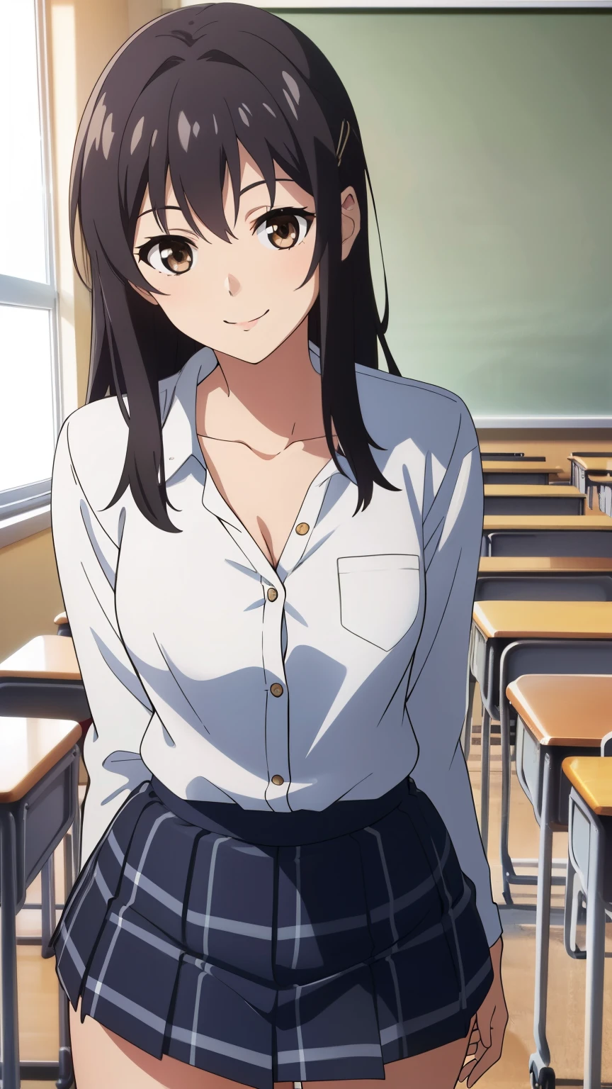 (masterpiece, best quality, high resolution, 8k), anime art style, 1 girl, dark brown eyes, black hair, medium breasts, smile, straight hair, hairpin, medium hair, (photorealistic, smile:1.2), alone, beautiful face, beautiful eyes, beautiful body, beautiful hips, beautiful legs, standing, dynamic angle (cowboy shot), (school uniform, white shirt, collarbone, checkered miniskirt, thighs, classroom)