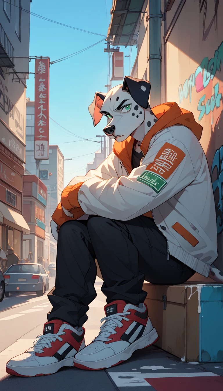 anthro, Dalmatian, anthropomorphic dalmatian, Full Gunmetal Color Ears, Gunmetal colored nose, Gunmetal colored fur spots, Milk White coat color, cuerpo color Milk White, cabello color Ocean Green, Green Sheen colored eyes, wearing a brown oversized sweatshirt, black cargo pants and brown Vans sneakers, sitting on a bench on an urban street in New York with graffiti, in the evening, light and shadow effect, aesthetics, anime, arte digital.