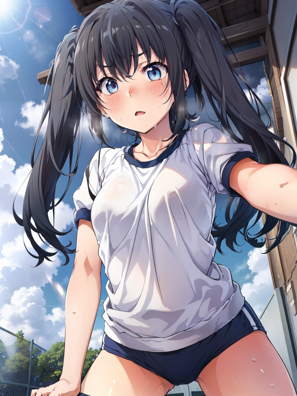 ((Best Quality, High resolution, Perfect Pixel, 4K)), (Beautiful Anime Girls), Depth of written boundary、
Watching the audience,
Perfect body,
Yukinoshita Yukino、Small breasts、Black Hair、Twin tails、
dark blue, Gym clothes、Navy blue bloomers、
(blush、sweat:1.5)、Nipples、
View your viewers, From below,
null、cloud、Outdoor、summer、sunlight、
throw, Top girl, Straddle, Sex,