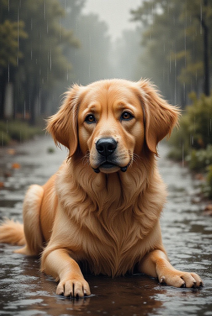 illustration, watercolor, wet on wet, paintstreaks, watercolor painting, 
a golden retriever in the rain a painting in the style of Eugen Chisnicean