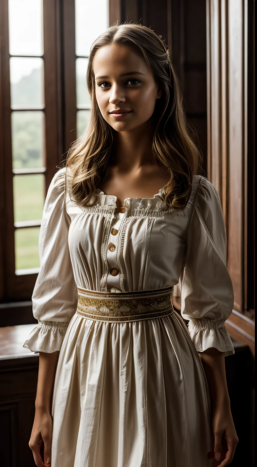 Foto hiperrealista en primer plano de Alicia Vikander, masterpiece, best quality, (photorealistic:1.4), full body, (light brown church dress:1.2), heels, garden cinematic light, beautiful woman, skinny, medium  breasts, two braids dark blond hair, detailed face, smile, facing the camera, photo taken from a distance, age of 20 years old,