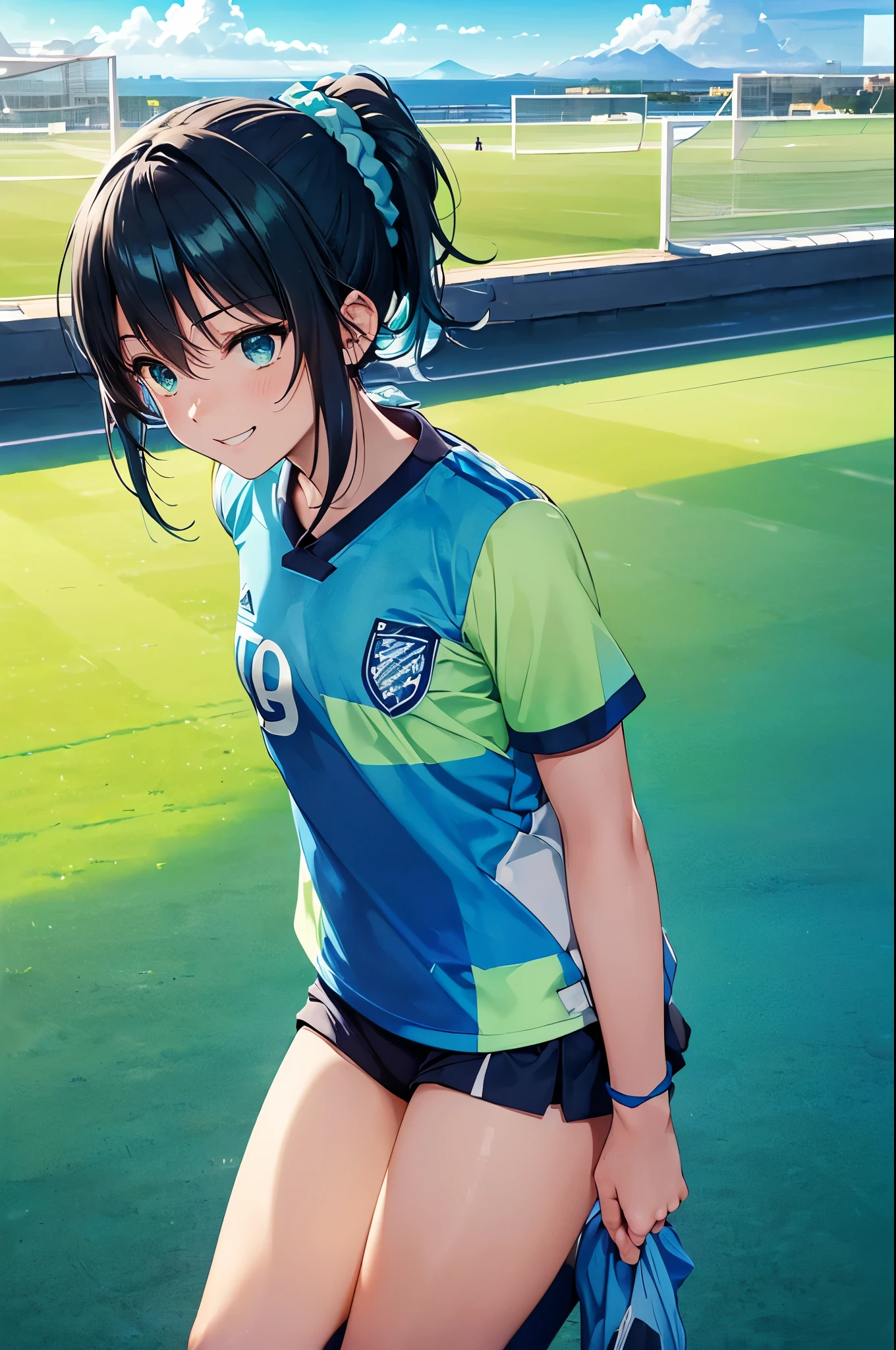 ((A soccer uniform with a gradient pattern that combines light green and blue:1.3)),(16k,Ultra-high resolution,Best Quality,masterpiece,Very detailed,Extremely clear CG),,Very detailed顔の特徴, Beautiful and perfect face:1.3, Perfect Eyes:1.3,,Cute and beautiful high school girl with a ponytail,((Blue Scrunchie:1.3)),Blue socks,(Black Hair),((A soccer stadium with a distant view of the sea:1.3)),((Beautiful clear blue sky:1.3)),Anatomically correct body,Light green wristband,The happiest smile,Best Anime,The best CG,Light green light,Blue accent color,Walking on the grounds
