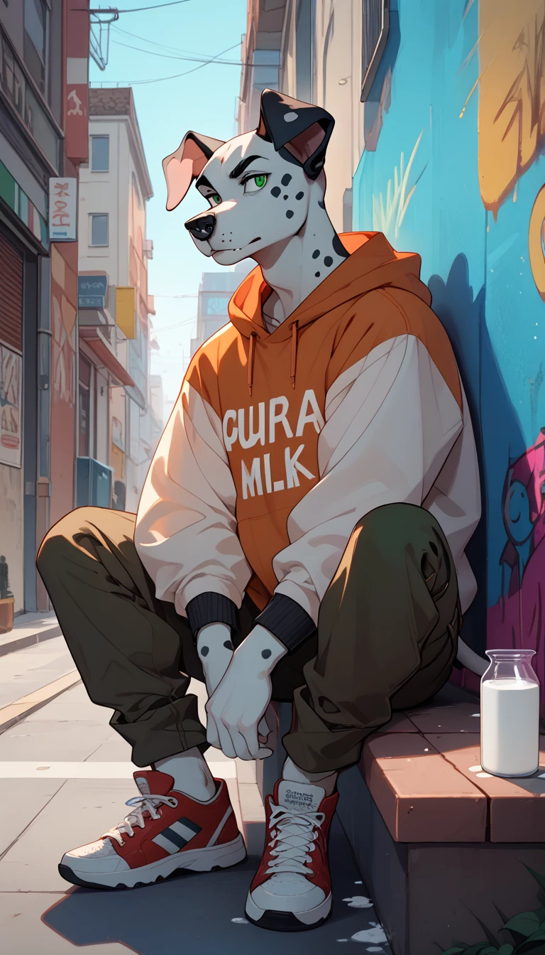 anthro, Dalmatian, anthropomorphic dalmatian, Full Gunmetal Color Ears, Gunmetal colored nose, Gunmetal colored fur spots, Milk White coat color, cuerpo color Milk White, cabello color Ocean Green, Green Sheen colored eyes, wearing a brown oversized sweatshirt, black cargo pants and brown Vans sneakers, sitting on a bench on an urban street in New York with graffiti, in the evening, light and shadow effect, aesthetics.