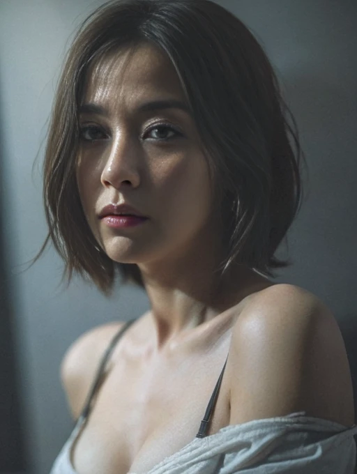 Best quality, masterpiece, ultra high res, (photorealistic:1.5), raw photo, 1girl, offshoulder, in the dark, deep shadow, low key, cold light, sexy look, short hair, dramatic lighting, cinematic shadows, dark fantasy aesthetic, dream atmosphere 