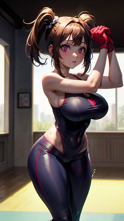 High quality masterpiece, (Unreal Engine), reality:1.8, Ultra-high resolution, Rich contrast, Very high quality, 8k, High definition texture, Astonishing absolute resolution, Advanced Settings, colorful, Clear images, Sharp focus, Digital Blending, (Hasselblad Photos, Dynamic Angle),

1 girl, pomni, Big Breasts, pigtails, Red eyes and blue eyes, gloves, ((Wear a tight yoga suit, Bold and sexy yoga poses ,Hot Yoga, Sweat makes your yoga wear transparent)),  

indoor, Hot Yoga, 