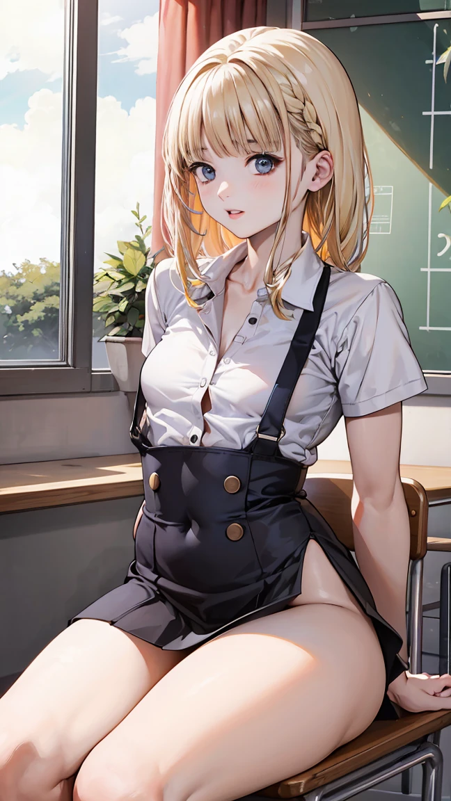 (best quality, masterpiece, RAW photo,ultra-detailed:1.2), <lyco:GoodHands-beta2:1.0>1girl ,looking at viewer, 
 <lyco:OlgaPataki:1.1>OlgaPataki, short hair, blonde hair, green miniskirt, white shirt, black vest, black hairband,
