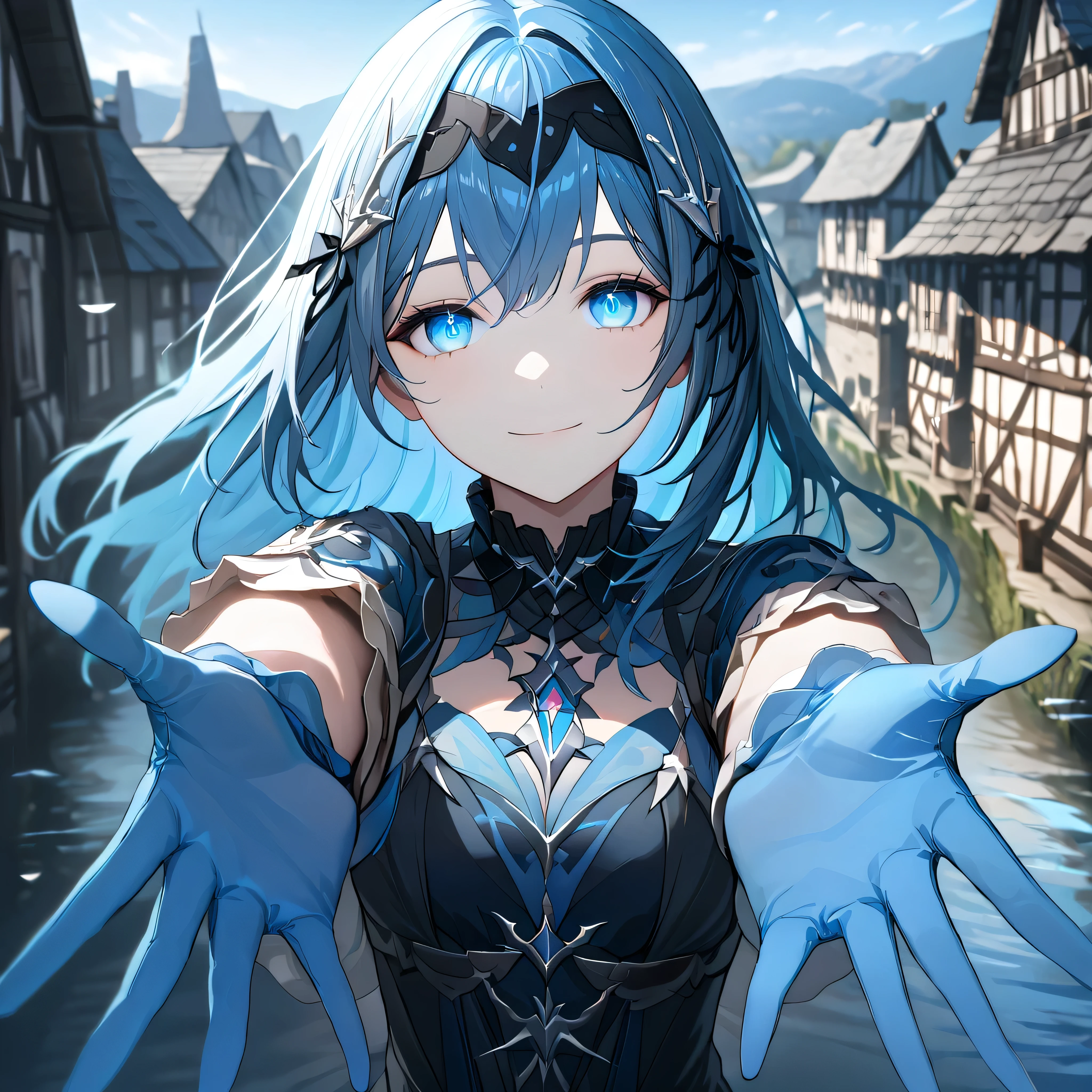 quality, semi-realistic anime, masterpiece, best quality, detailed picture, HD32k, SPPolitis, 1girl, ((pretty eyes)), ((perfect face)), blue gloves, looking at viewer, village, river, afternoon, blue sky, blue glowing eyes, smile, hug viewer, incoming hug, 11:25 AM
