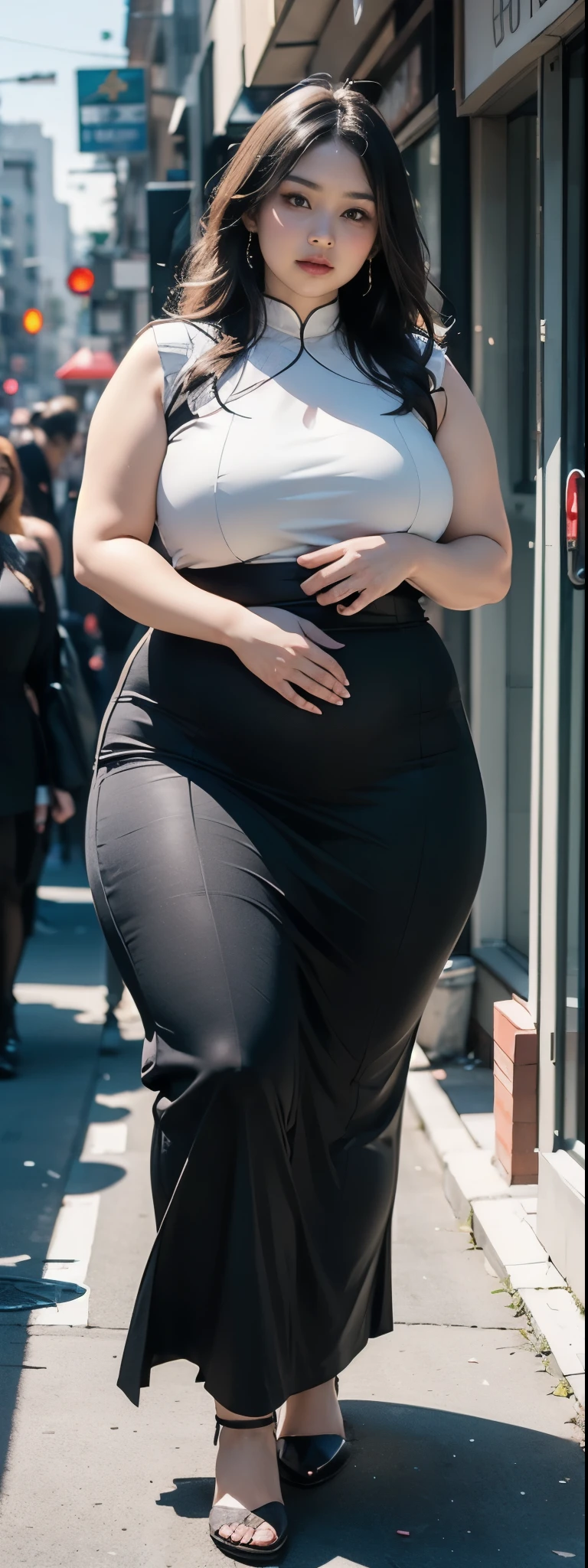 Milky white skin woman in black dress and hijab walking down the street, , hijab outfit, , hijab fashion model, plus size, plus size woman, , woman in black robes, beautiful woman, thicc, black outfit,, bbwchan , white sneakers , Height 170 cm, beautiful woman, with a beautiful appearance, a very beautiful masterpiece, a masterpiece of art, good lighting, Bright colors, Clean lines, .