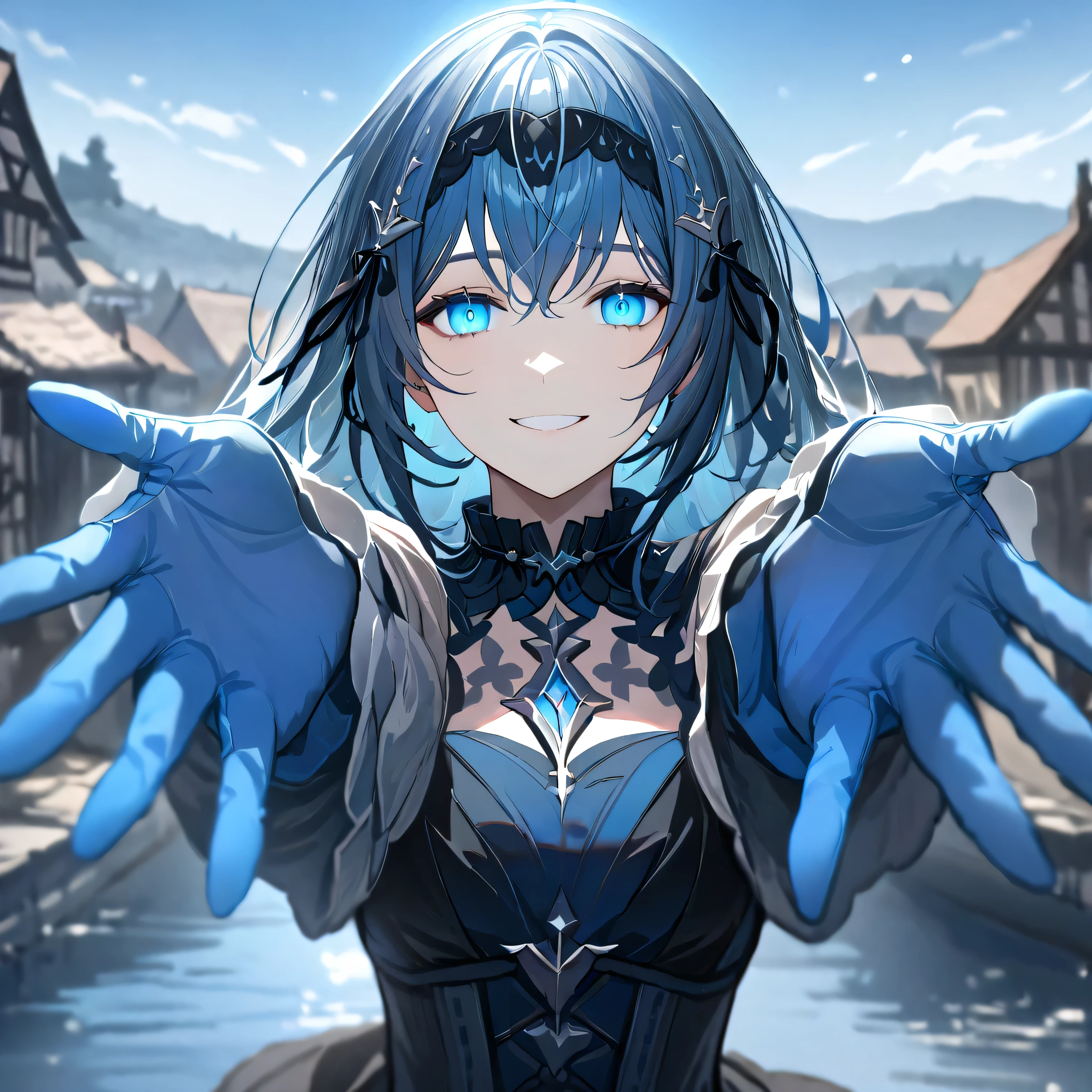 quality, semi-realistic anime, masterpiece, best quality, detailed picture, HD32k, SPPolitis, 1girl, ((pretty eyes)), ((perfect face)), blue gloves, looking at viewer, village, river, afternoon, blue sky, blue glowing eyes, smile, hug viewer, incoming hug, 11:25 AM
