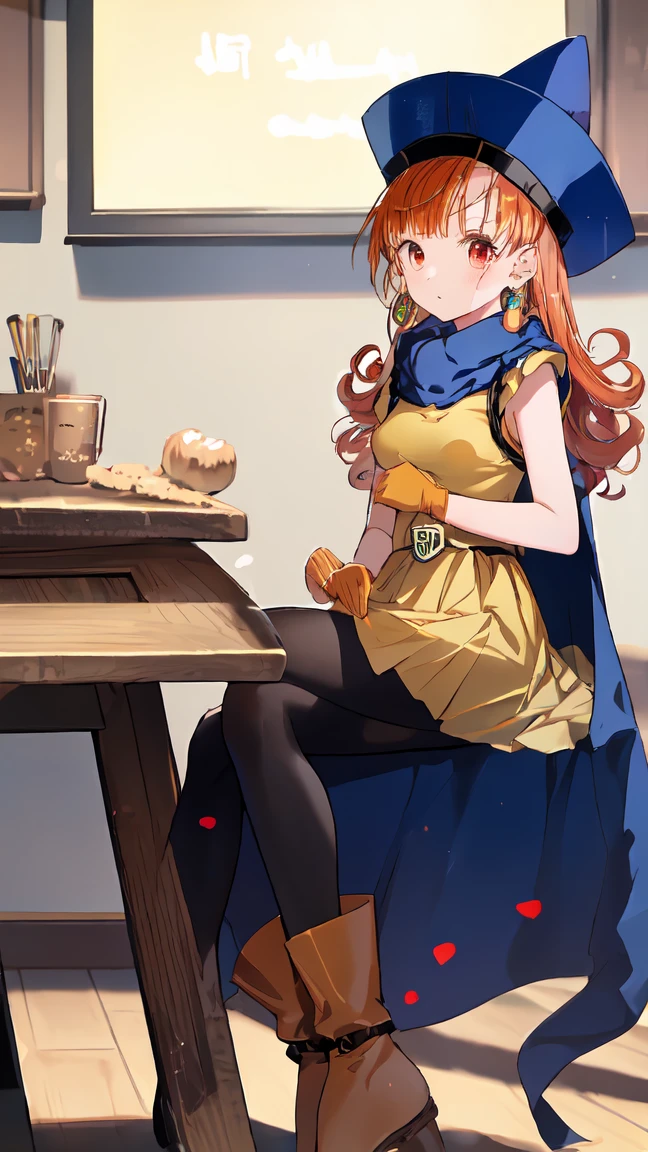 Arena - DQ4, DQ4 Arena,Black Pantyhose,青いCape,Blue hat,boots,Curly Hair,Earrings,Long Hair,Orange Gloves,Orange Hair,Red eyes,Sleeveless,yellow dress,Yellow Skirt, 1 girl, Alone, One girl,Alone,DQ4-Arena,Long Hair,Purple eyes,Orange Hair,Sleeveless,Black Pantyhose,yellow dress,Yellow Skirt,belt,Cape,Curly Hair,gloves,Small breasts, boots,Shiny,room,Sit on a chair,table,Lost in Thought, (masterpiece), (Best Quality), (Super detailed), Intricate details,