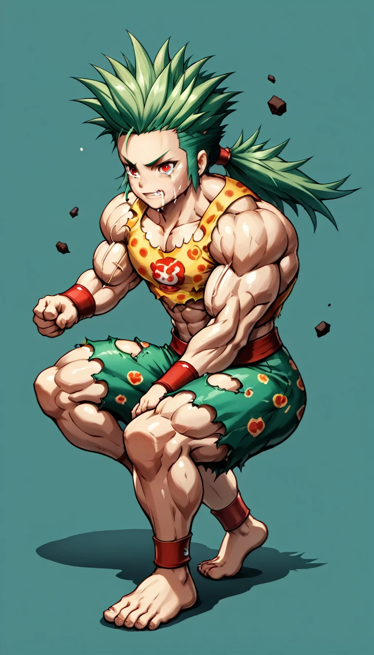 Highest quality,Masterpiece,Pro Art,8k,Anatomical,f6close,torn clothes,Green Hair,juvenile,(((Huge muscles,Huge erect penis))),Imminent sexual activity,Wolf Pose,full body,Spiked Hair,Voluminous ponytail,Chibi,Crying face,Lots of drooling,Japanese anime style,score_9, score_8up, score_7up, score_6up, score_5up, score_4up, source_cartoon, rating_safe, break
abstract background, break
male, Alone, 1boy, f6close, green hair, spiked hair, low ponytail, red eyes, break
torn clothes, crouching, barefoot, break,
 