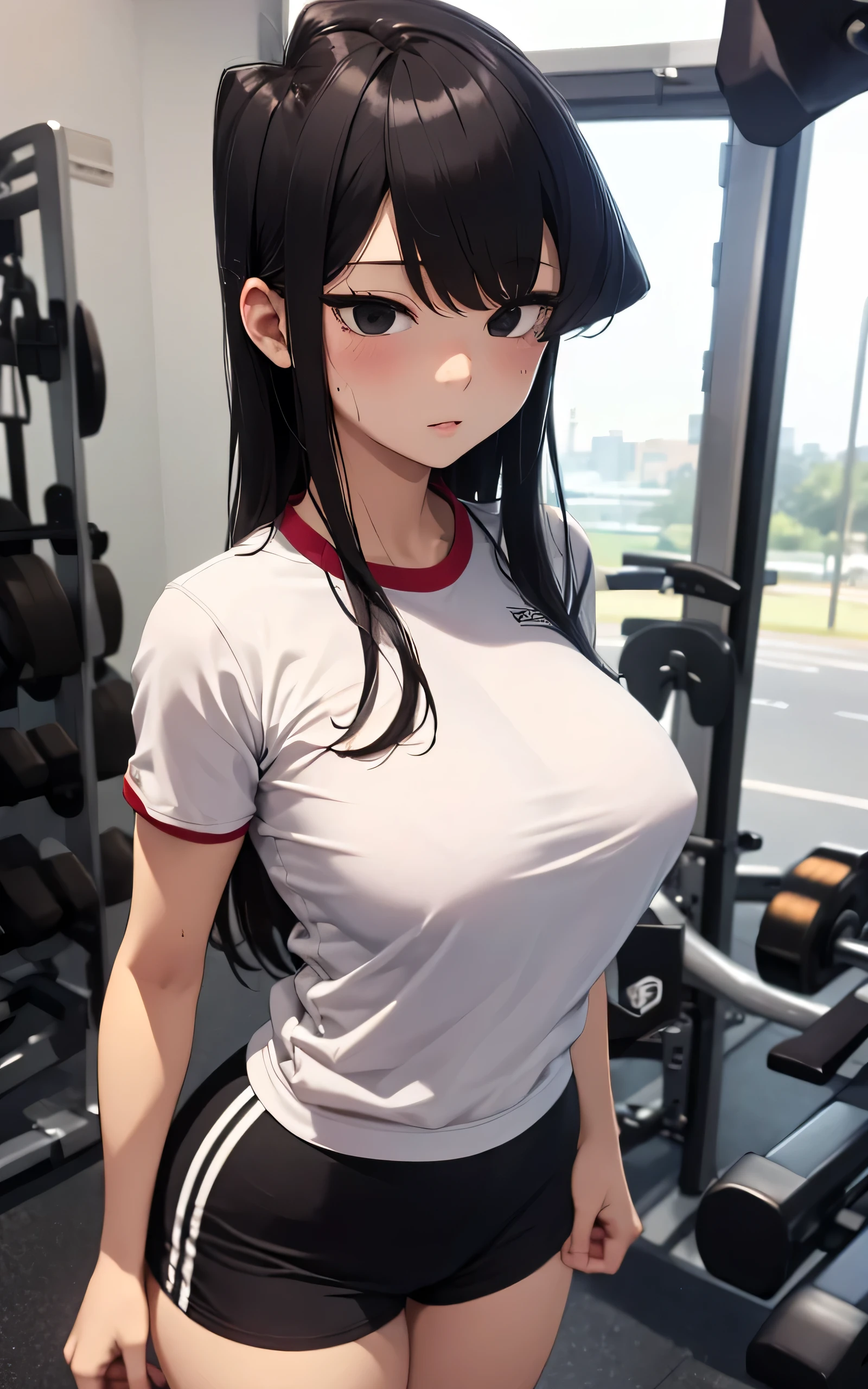 top-quality、hight resolution、detaileds、gym、Beautiful Women、Komi Shouko、large breasts、 mini shorts、Sweating、