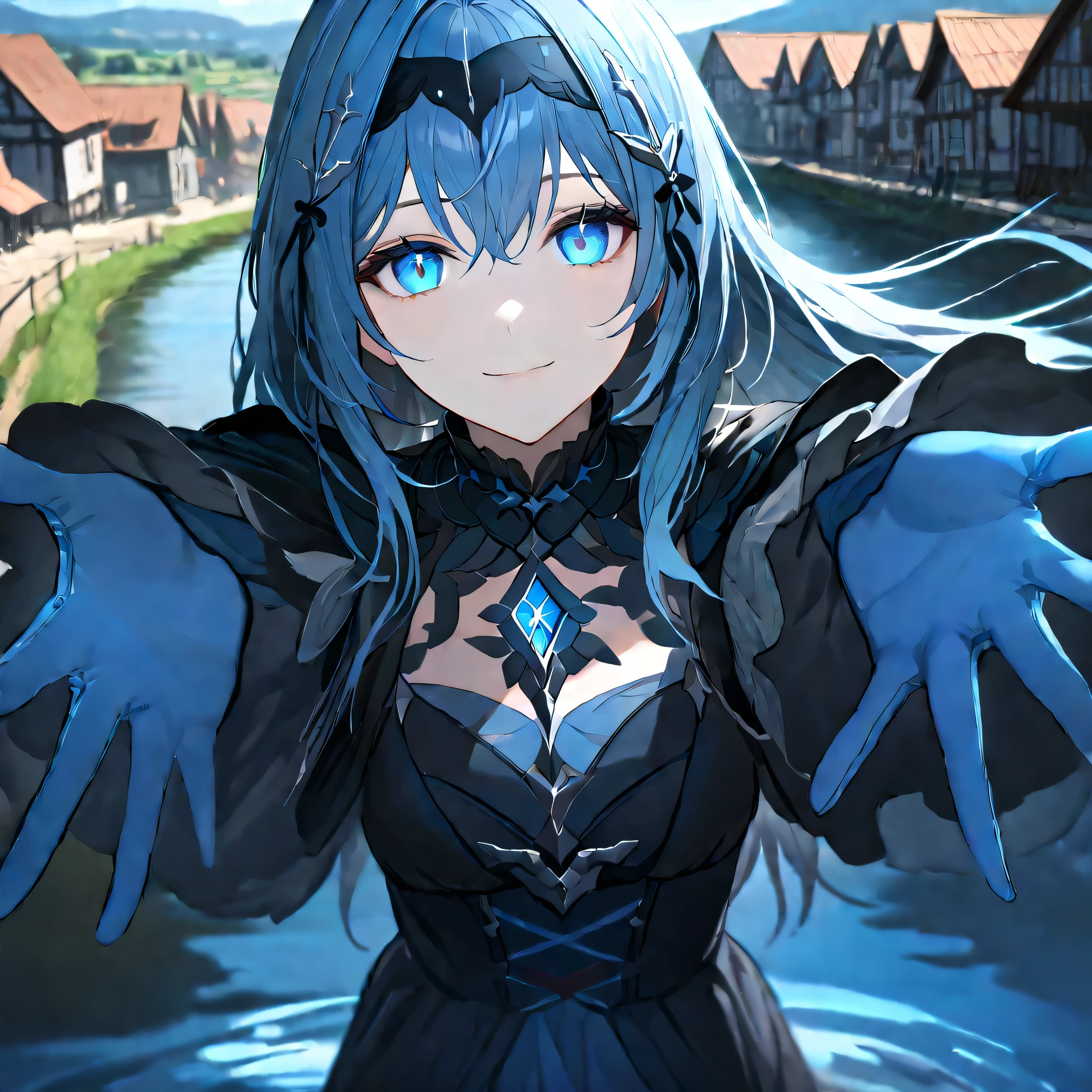 quality, semi-realistic anime, masterpiece, best quality, detailed picture, HD32k, SPPolitis, 1girl, ((pretty eyes)), ((perfect face)), blue gloves, looking at viewer, village, river, afternoon, blue sky, blue glowing eyes, smile, hug viewer, incoming hug, 11:25 AM
