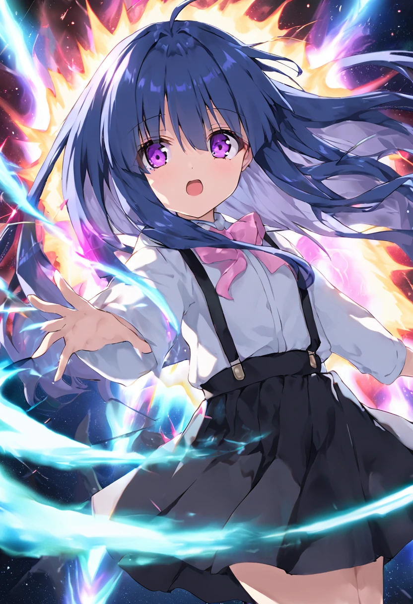 Moment of Final Battle, Furude Rika, woman, Alone, Blue Hair, Purple eyes, white shirt, pink bow, suspenders, black skirt , In another dimension、woman魔法使いが両手を広げて強力なエネルギーを放出。A shining magic circle appears at her feet.、Space distorts and energies collide, exploding.。There is an overwhelming power in her eyes.。