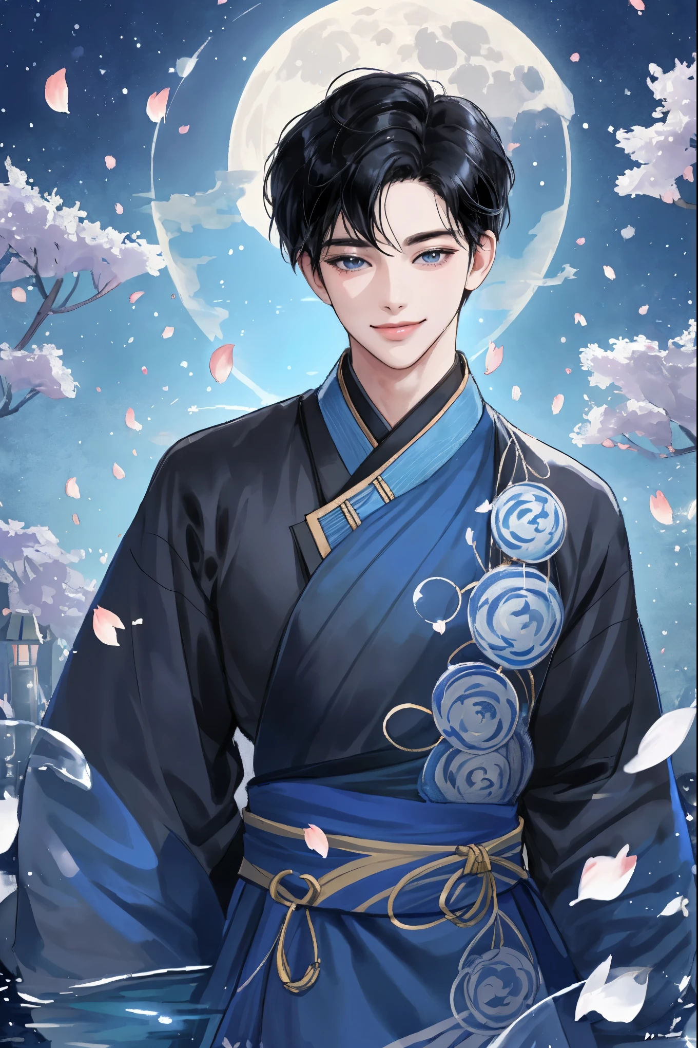 handsome, solo male, turn behind viewer, very close up view, bust view,glancing over shoulder, long black hair partially tied , blue hanbok ,simple background, masterpiece, best quality, night, lantern on water, moon, floating petals, light dots, cheeky smile, mischievous