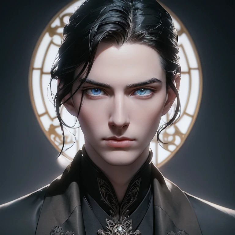 a tall and slender man with an imposing presence, icy blue eyes, perfectly groomed black hair, sharp facial features, pale skin, wearing 19th century emperor attire, ornate palace in the background, extremely detailed face and eyes, beautiful detailed lips, intricate details, dramatic lighting, cinematic composition, muted color palette, chiaroscuro lighting, (best quality,4k,8k,highres,masterpiece:1.2),ultra-detailed,(realistic,photorealistic,photo-realistic:1.37)