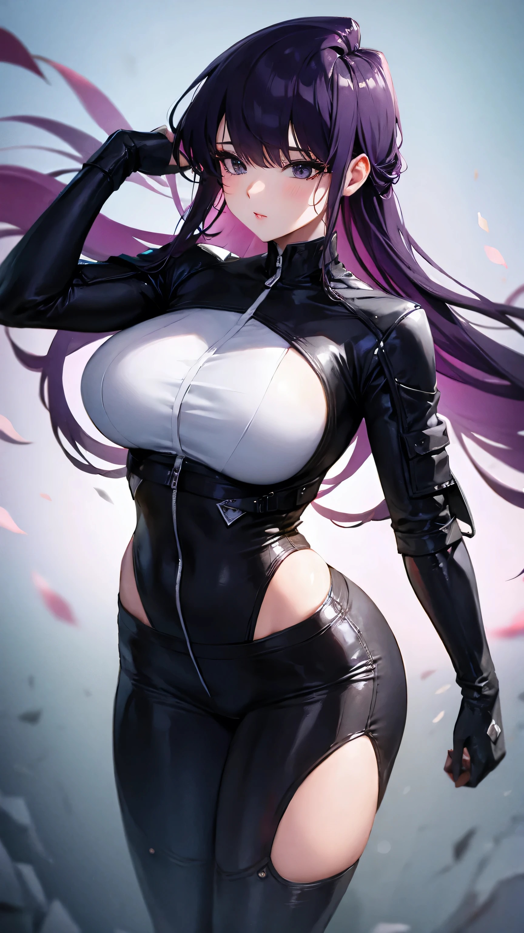 Masterpiece, best quality, night city, beautiful girl, beautiful face, purple hair, rider suit, big breasts,