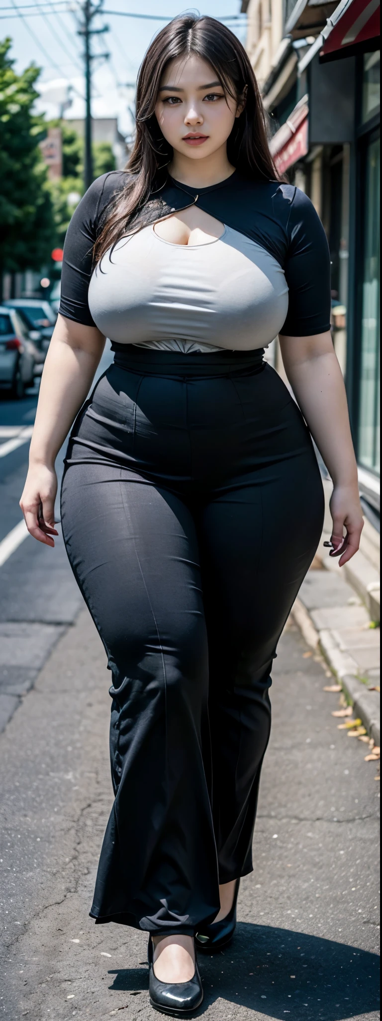 ((best quality)), ((masterpiece)), (detailed), perfect face, a woman in a black top and skinny pants posing for a picture, bbwchan, thick body, thicc, she has a jiggly fat round belly, korean girl, curvy model, beautiful thick female, thick, heonhwa choe, widest hips, skinny waist and thick hips, alluring plus sized model, thick thighs, nene tanaka body, nene tanaka face. Bbwchan, full body wide view, wearing a red sneaker