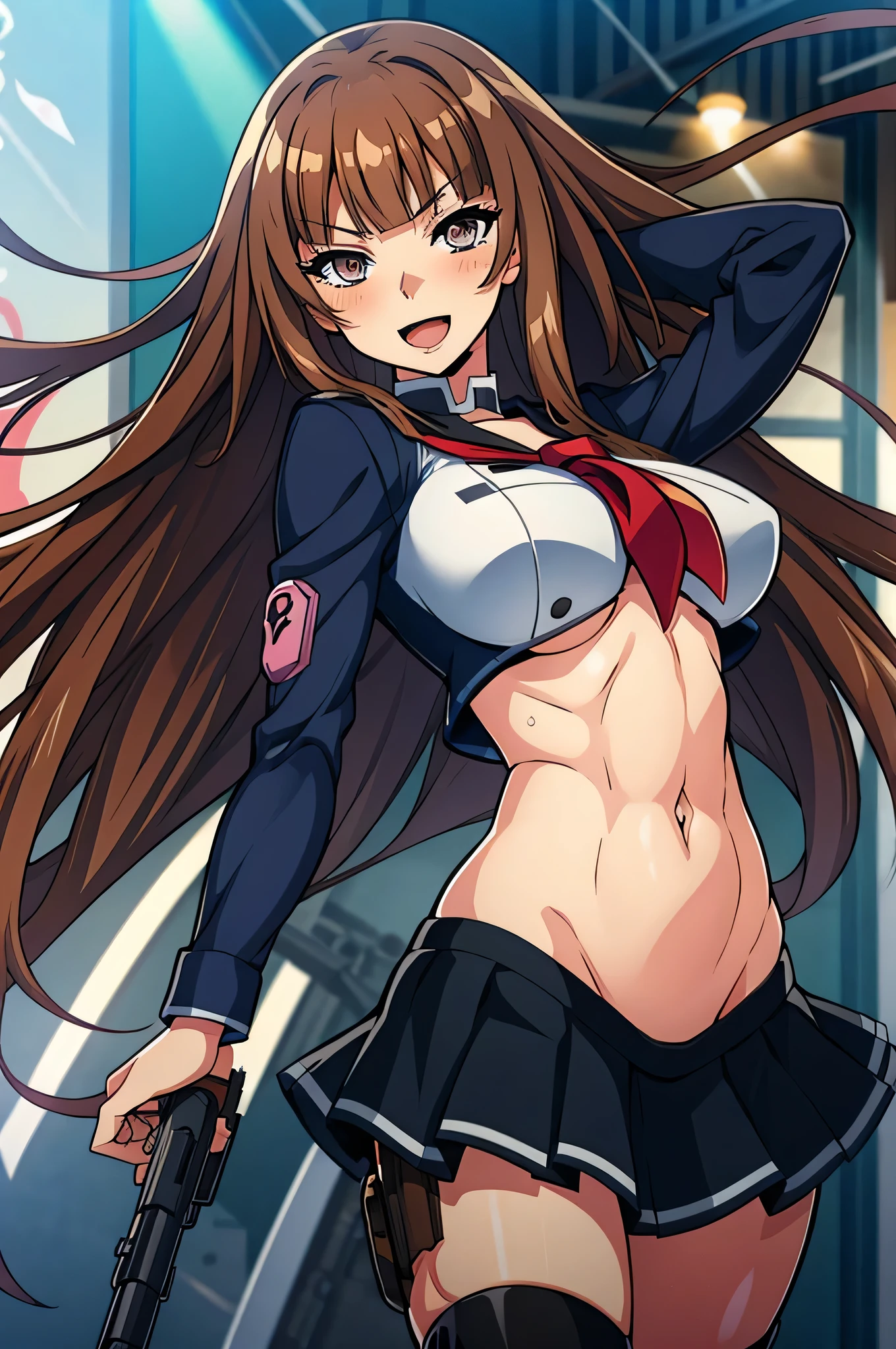 1woman, Kokawa_Asuka, brown_hair, blunt_bangs, medium breasts, blush, lipstick, masterpiece, best quality, highly detailed, a anime girls in sailor uniforms with a gun posing for a picture,
evil smile, smile, open mouth,black_serafuku, ecchi anime style, anime girls , (nsfw) not safe for work,
ecchi style, ecchi, shipgirls, digital anime art!!, high school girls, holding a gun, hold a gun, anime style 4
k, micro skirt, exposed belly, exposed navel, exposed midriff,
exposed lower belly,school, classroom, navel piercing