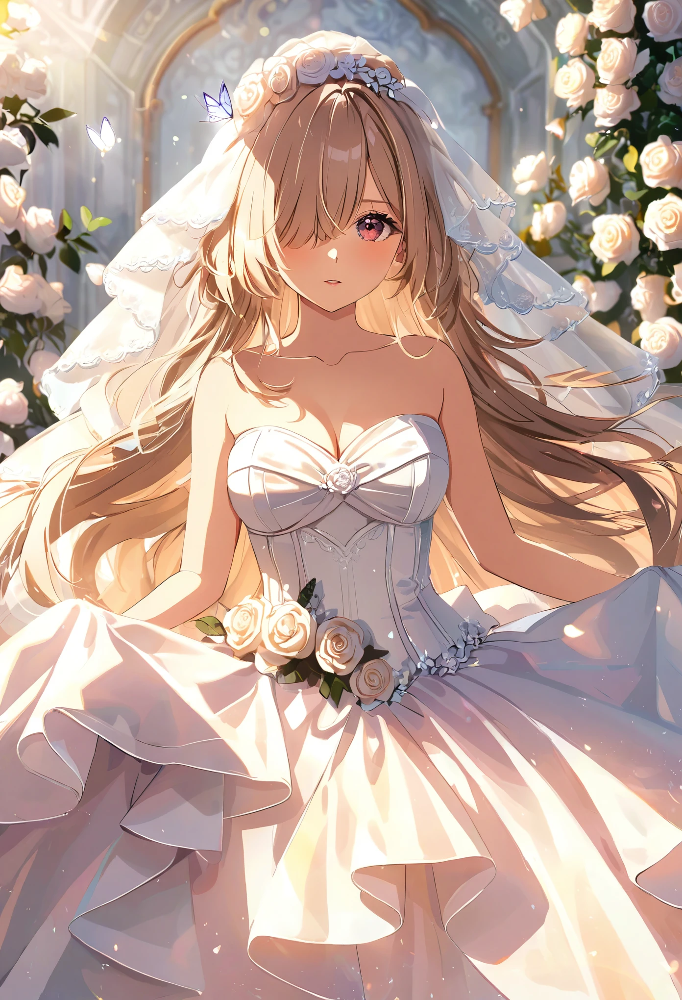 Highest high resolution, 8k wallpaper, silber hair, butterflys, Long whit hair, white wedding dress, detailedbackground, Deep V Big, Hair covering one eye, Bandeau Wedding Dress, chies, White Rose, tight fitted,