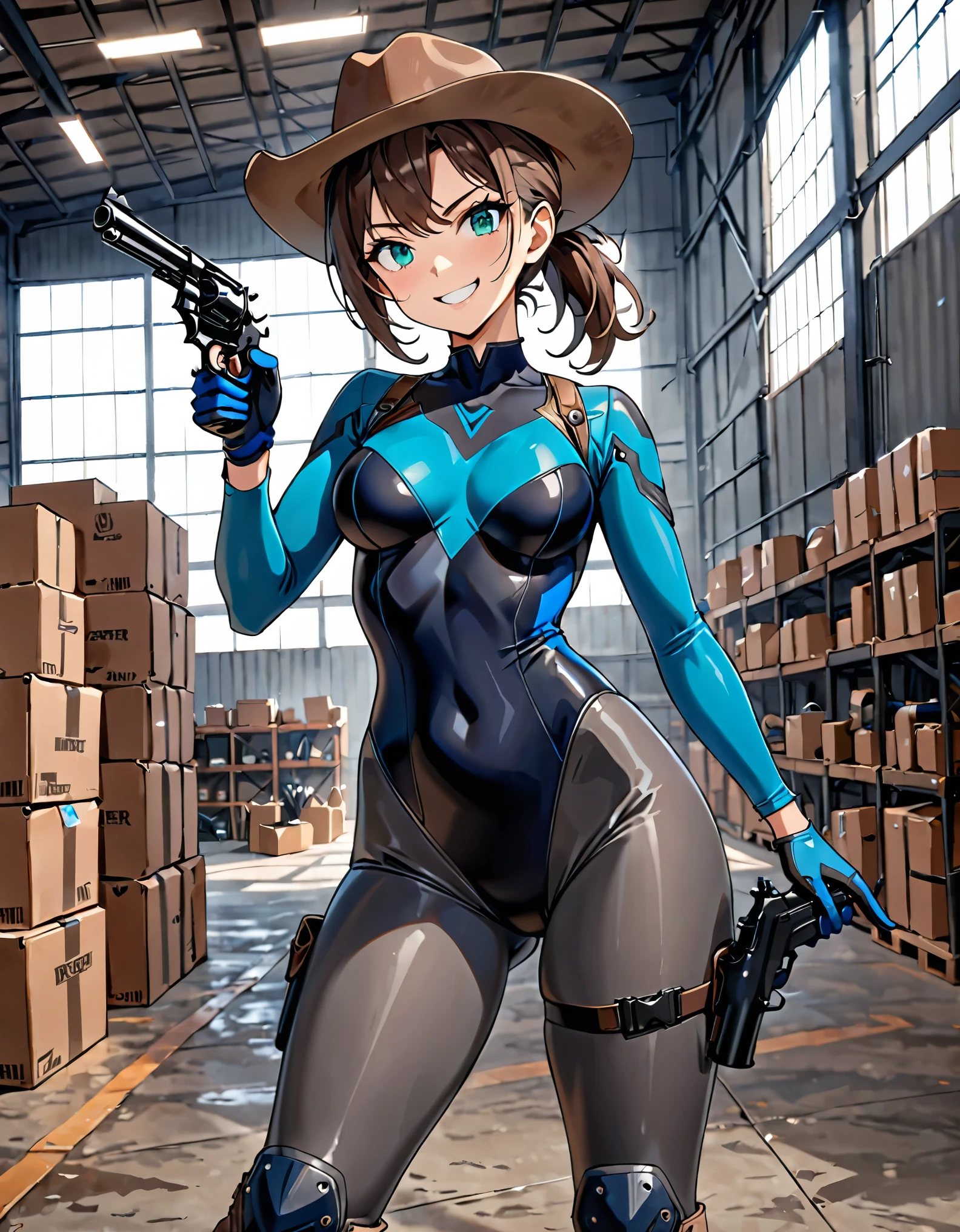 masterpiece, best quality, 8k, 1lady, solo, solo focus, (tall body), hispanic, brown hair, short hair, ponytail, blue-green eyes, medium breasts, beautiful detailed eyes, beautiful detailed face, smirk, ((brown cowboy hat)), (bodysuit, solid blue bodysuit, (leotard, black leotard:1.2, skin-tight dark grey leggings:1.2), perfect fit), long sleeves, (gloves, dark blue gloves, matching gloves, boots, combat boots, dark blue boots, matching boots), (tight belt:1.1, pouches, drop-down pistol holster, knee pads), ((pointing pistol at the viewer, revolver)), full body, cowboy shot, empty warehouse, danger atmosphere.