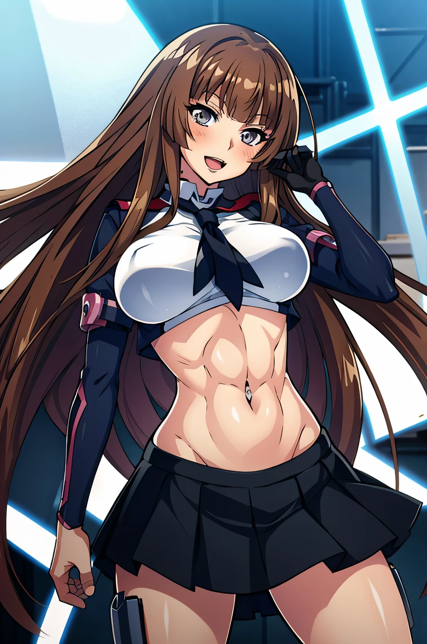 1woman, Kokawa_Asuka, brown_hair, blunt_bangs, medium breasts, blush, lipstick, masterpiece, best quality, highly detailed, a anime girls in sailor uniforms with a gun posing for a picture,
evil smile, smile, open mouth,black_serafuku, ecchi anime style, anime girls , (nsfw) not safe for work,
ecchi style, ecchi, shipgirls, digital anime art!!, high school girls, holding a gun, hold a gun, anime style 4
k, micro skirt, exposed belly, exposed navel, exposed midriff,
exposed lower belly,school, classroom, navel piercing