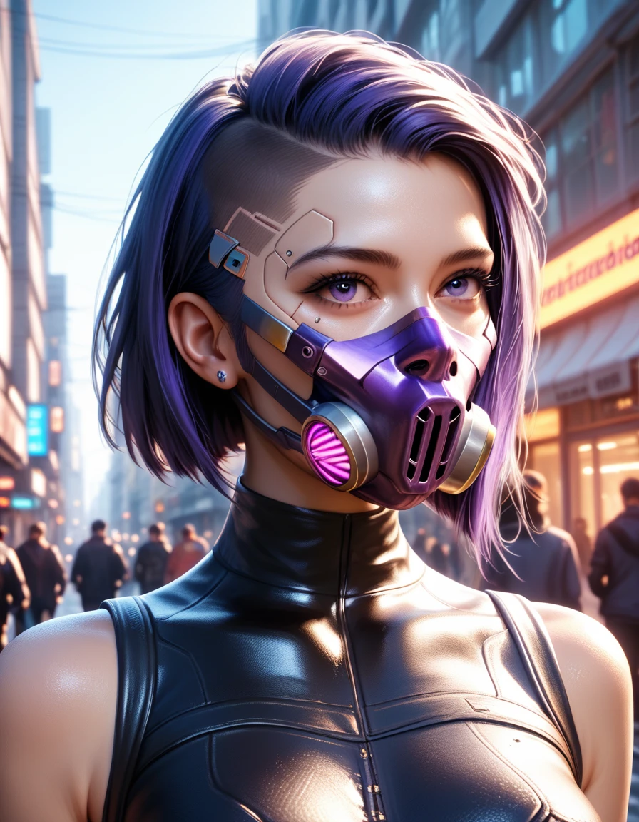 masterpiece, best quality, female, cyberpunk, outdoor, street, purple, mask, hyperrealism, photorealistic, 8k, unreal engine, 3d render, expressive
