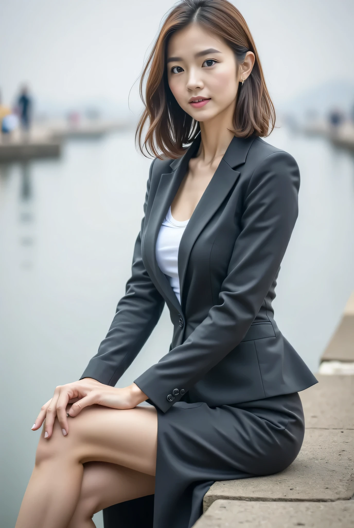 Best Quality, Realistic, Super detailed, finely, High resolution, 8K wallpaper, One beautiful woman,, Light brown messy hair, Wearing a business suit,Wear a slit skirt、 Detailed and beautiful eyes, Thin Hair, Beautiful legs、Fishing on the breakwater、talk、chat