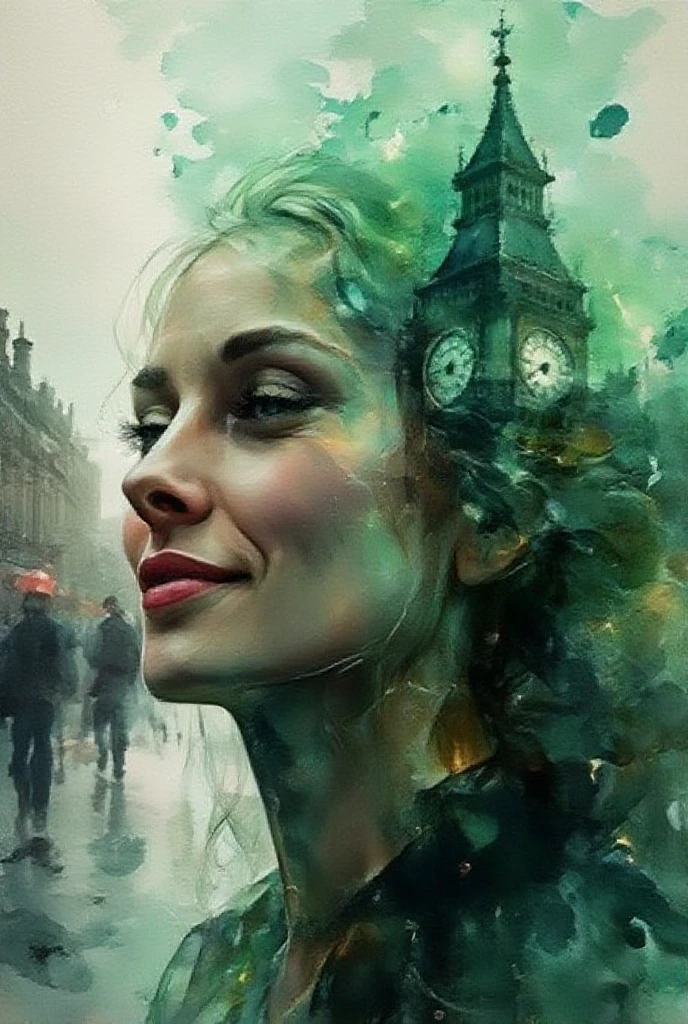 watercolor, wet on wet, paintstreaks, watercolor painting, 
Midjourney-style portrait, close-up of woman with smile, blending rainy pavement, cinematic lighting, double exposure with iconic silhouette of Big Ben, London skyline, visual fusion, futuristic ethereal quality, vivid colors, bold brushstrokes, greenish clock tower glow, contemplation of time, technology, human connection, digital painting, ultra-detailed, high dynamic range.