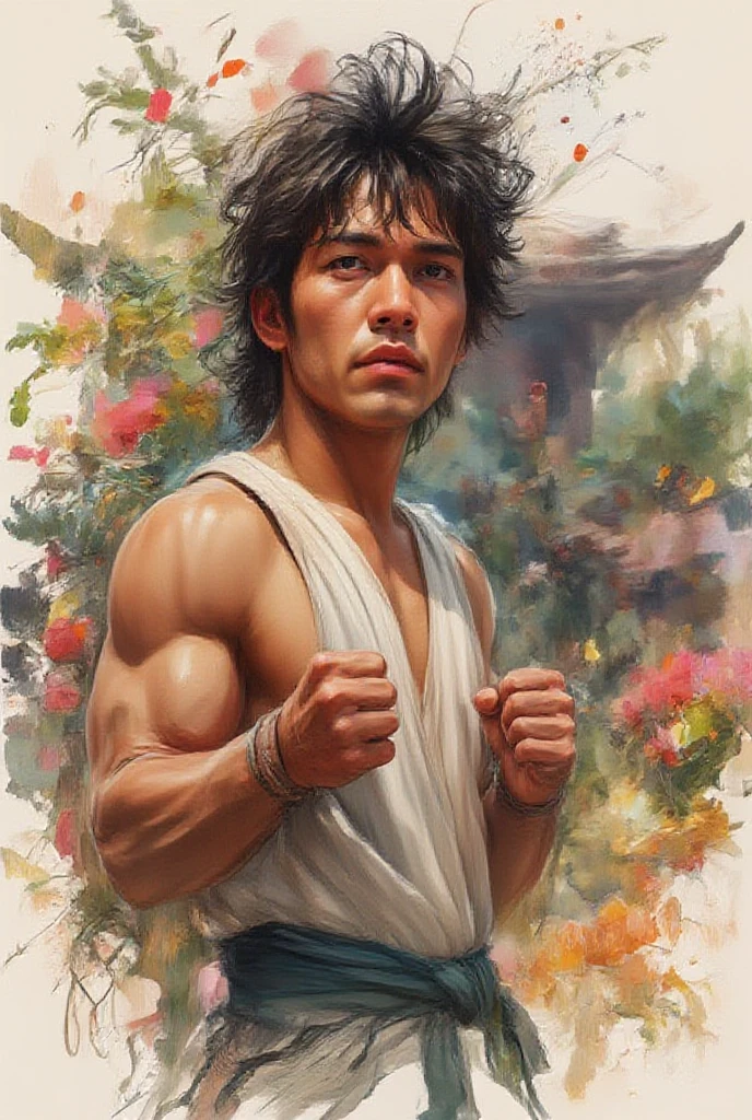 watercolor, wet on wet, paintstreaks, watercolor painting, 
afternoon, Disney Pixar cartoon-style little Ryu from Street Fighter, concentration, gazing at the viewer, reduced color palette, background is a blurred japanes garden, premium 3d digital art,  perfect fists,