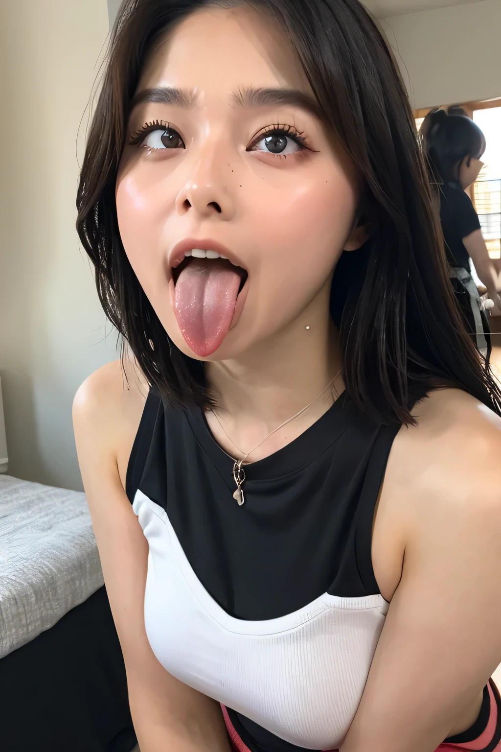 One girl,Tabletop,,Award-winning photography, Very detailed, Face close-up、Keep your eyes focused, Nose and mouth,Face Focus, Woman with open mouth and closed eyes, Face Focus Close-up、age: 18 ,Black-haired、Symmetrical face,Realistic nostrils、Angle from below、Elongated C-shaped nostrils、Sweaty skin、Sweaty, Lighting that highlights shiny skin、(((Loose fitting T-shirt, Shorts),))Sweaty, Shiny skin、Shiny skin、Big Eyes、double eyelid、(The tongue is wet and shiny) ((Wet tongue)) (())Disneyland,Taylor Hill,Surreal,real skin、Nogizaka Members,Realistic and delicate eyelashes and double eyelids,